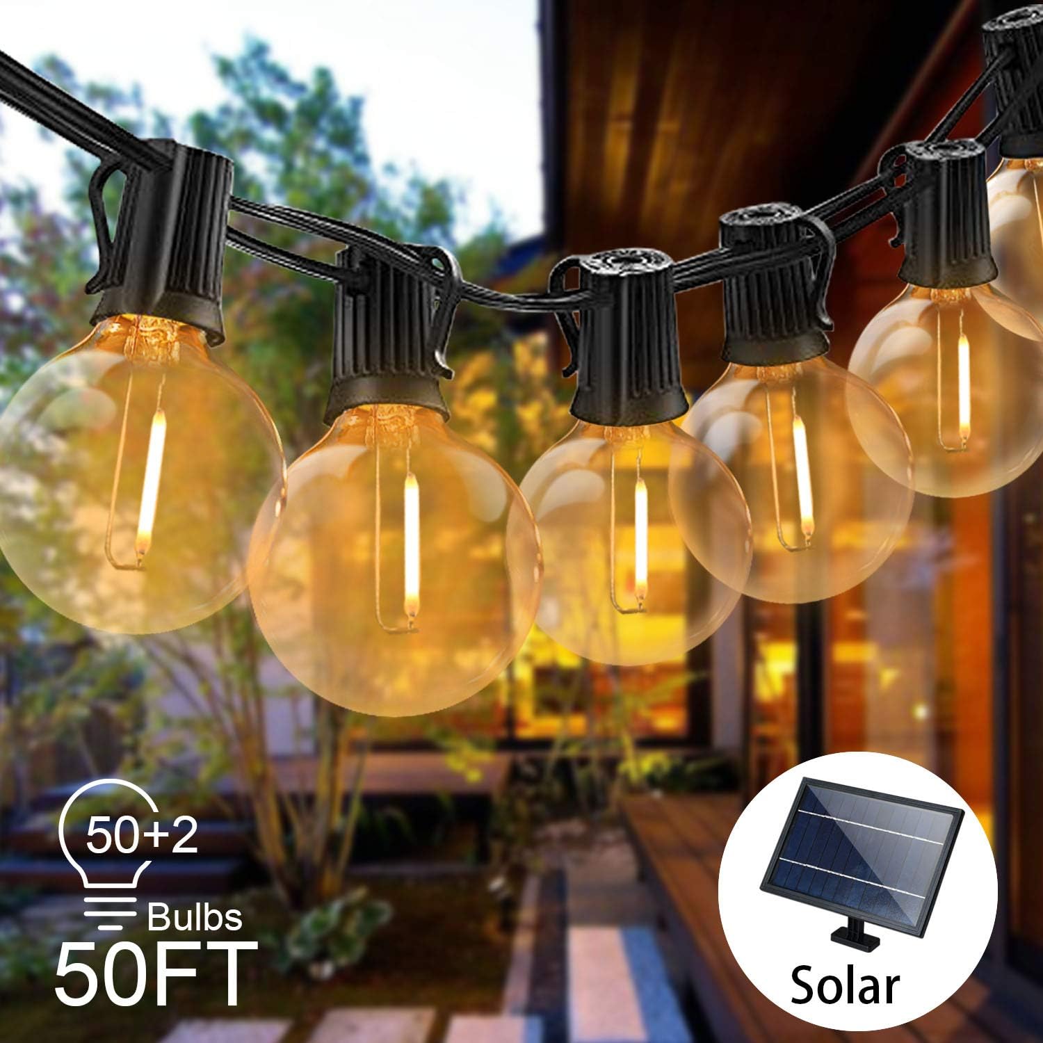 Svater Solar String Lights -50FT Solar Power String Lights Led with 50 Hanging Socket, 52 Globe Waterproof G40 Bulbs, Light Sensor Light String for Patio,Garden,Bistro