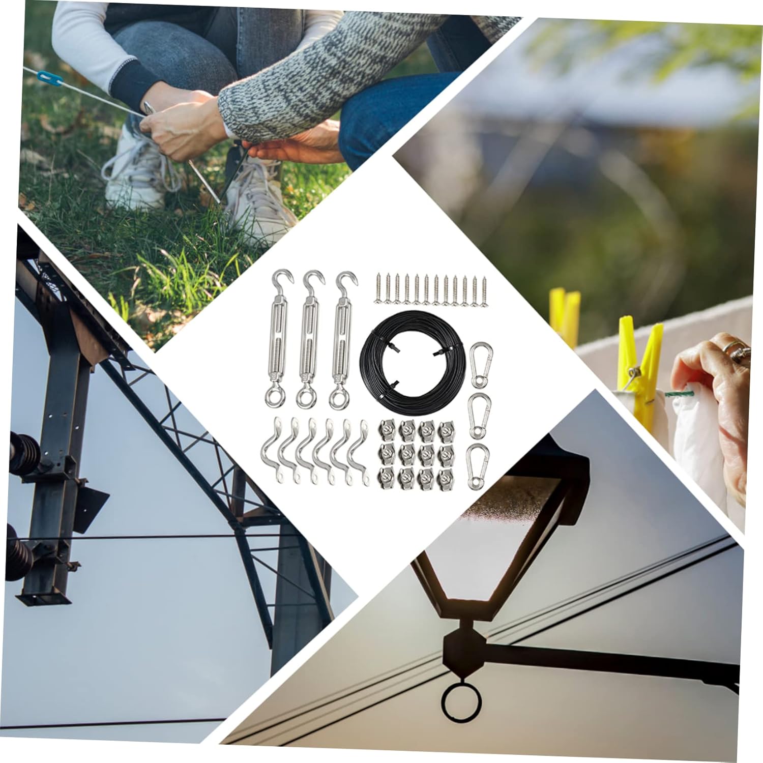 Ciieeo 1 Set String Light Suspension Kit of Stainless Steel Wire Rope with Hooks for Outdoor Lighting Picture Display and Clothesline Use Easy to Install Versatile and Space Saving