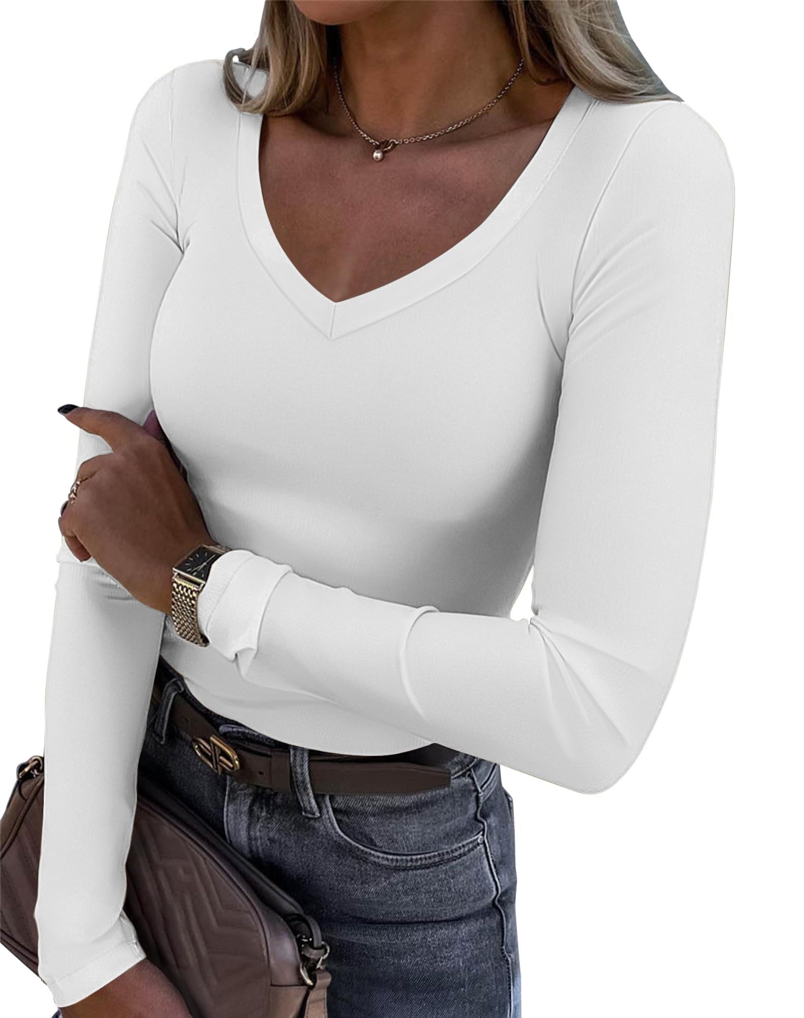 ATHMILE Womens Fall Deep V Neck Long Sleeve Shirts Modal Slim Fit Basic Tee Tops 2025