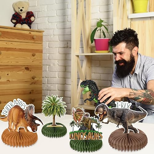 Miniatura 7 de Aoriher 14 piezas de centro de mesa de dinosaurio con forma de panal de abeja, decoraciones de fiesta de cumpleaños de dinosaurio, decoración de