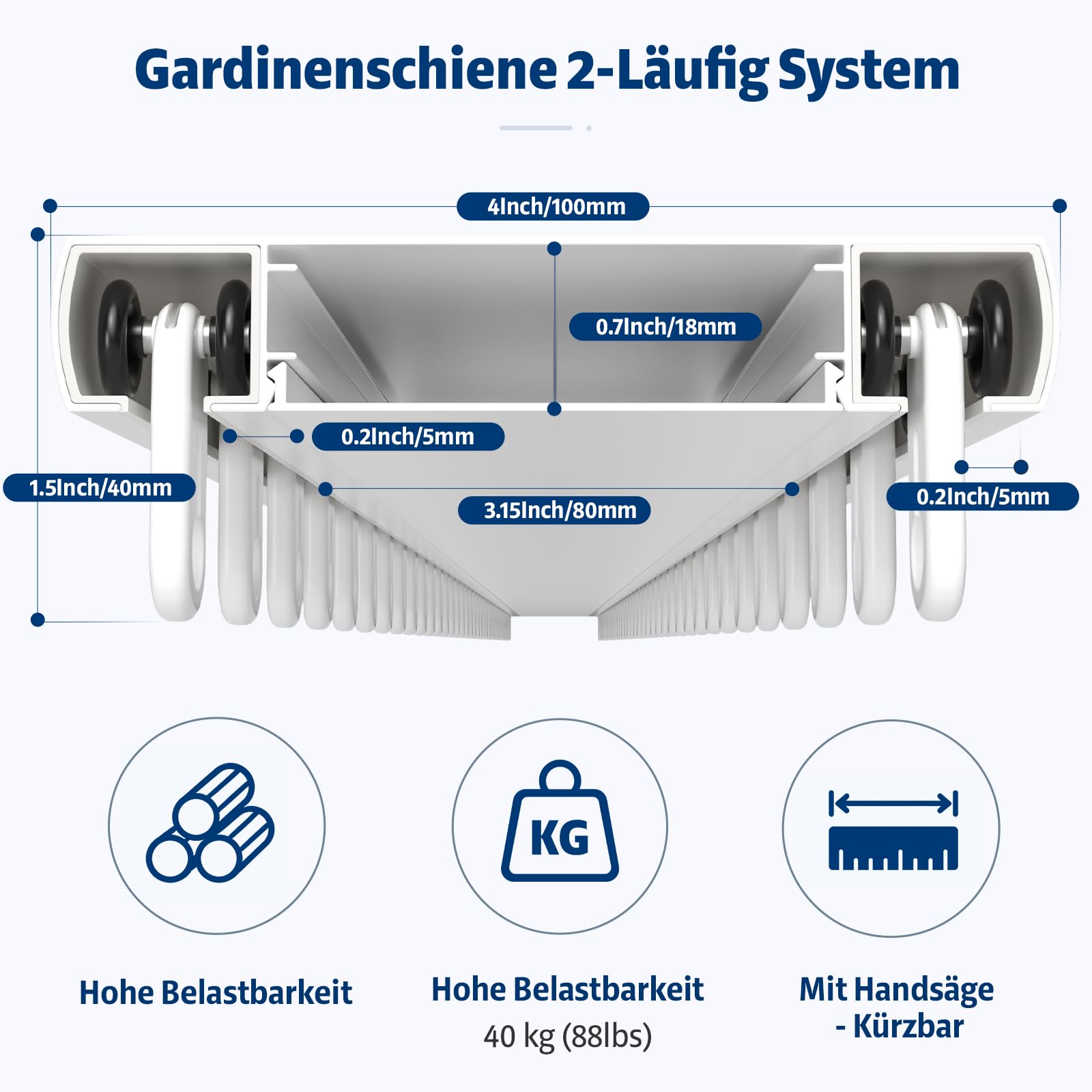 Gardinenschiene 2-Läufig Aluminium Deckenmontage 275 cm Weiß | Mit Handsäge - Kürzbar, Leise Curtain Rail, Ideal für Wohnzimmer, Schlafzimmer, Büro und Balkon, Moderne