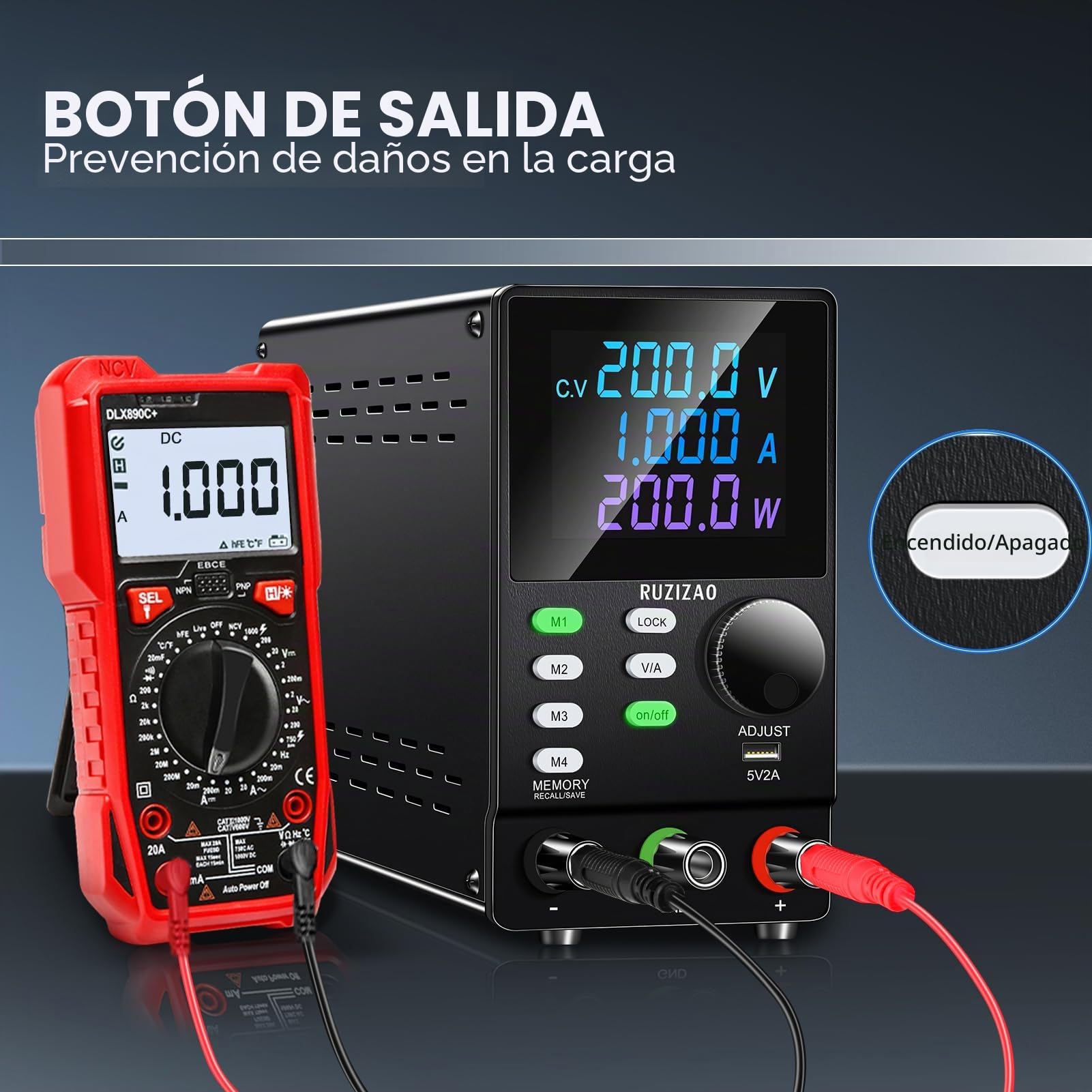 Fuente de Alimentación Regulable 200V 1A Programable para Mesa de Laboratorio con Software Para PC, Mando Codificador, Almacenamiento en Memoria, Interruptor de Salida, Botón de Bloqueo