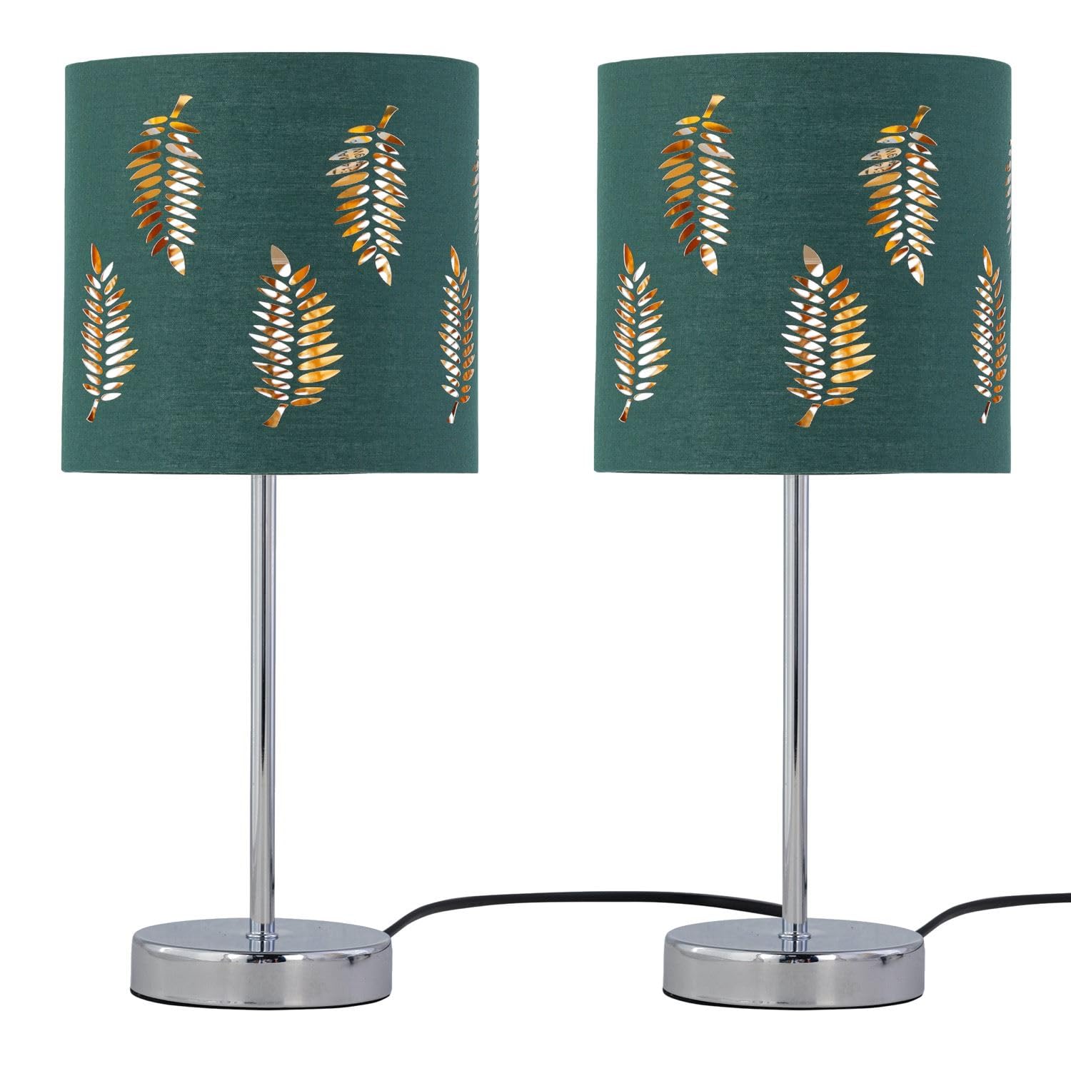 Firstchoicelighting Chrome & Green Set Of 2 Polished Chrome Table Lamps Or Bedside Lights, Modern Design, Dark Green Leaf Cut Out Shades, Height 35Cm, Led Compatible
