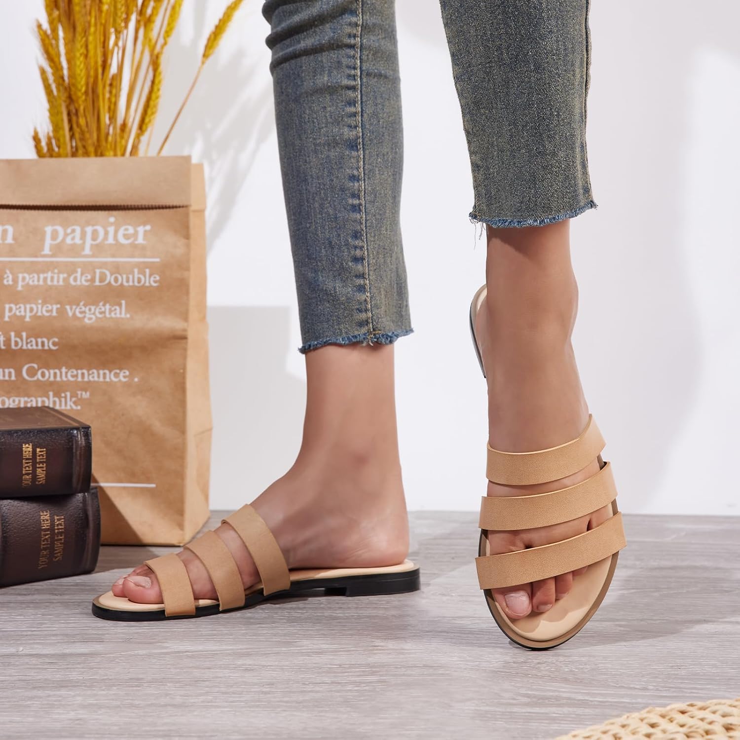 Women's Flat Sandals Dressy Open Toe Round Toe Slide Sandals Comfortable Casual Beach Slip on Slippers for Summer - Image 2