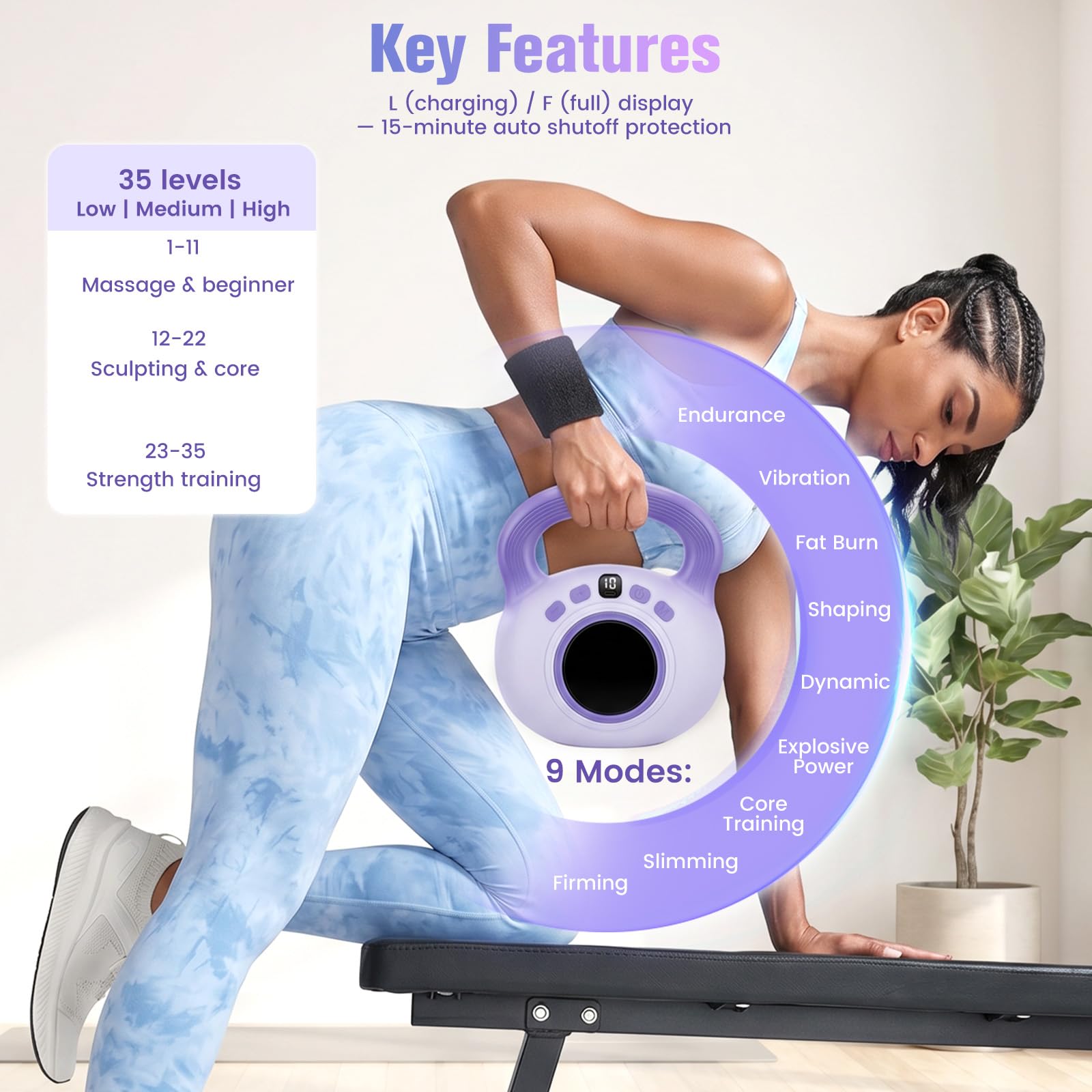 Kettlebell Vibrante Elettrica 9 in 1 da 1,4kg per Donna, 35 Livelli Regolabili con Display LCD, Brucia Grassi, Rimodellamento Corporeo, Drenaggio Linfatico e Miglioramento Circolazione