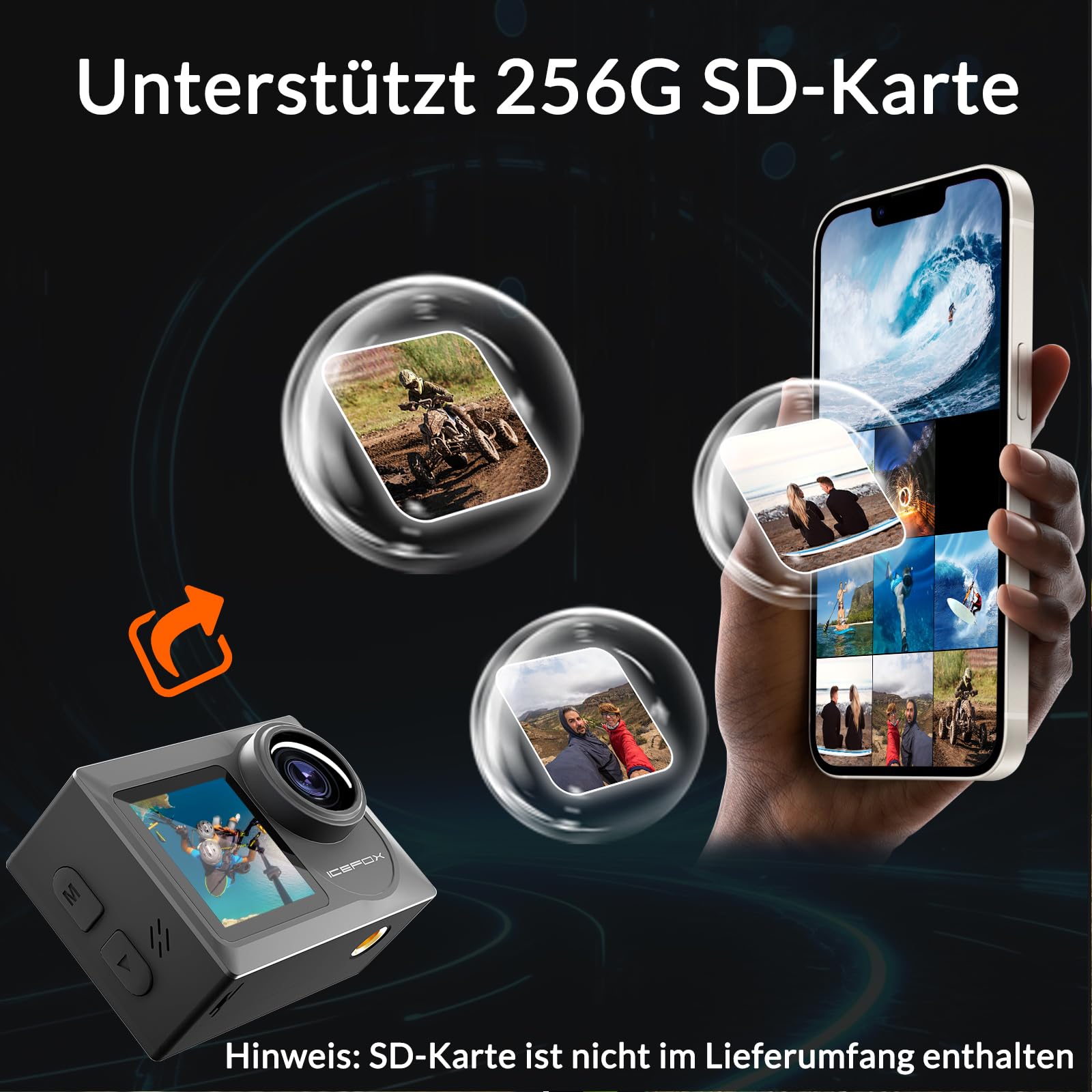 icefox Action Cam 4K 60FPS 20MP Unterwasserkamera EIS 5-fach Zoom WLAN-Fernbedienung wasserdicht