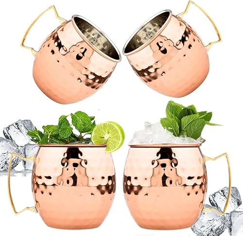 BOLD & DIVINE Moscow Mule - Tazas 3.7 x 4 pulgadas Grandes, 18 onzas Juego de 4 tazas Forro de acero inoxidable Chapado en cobre puro