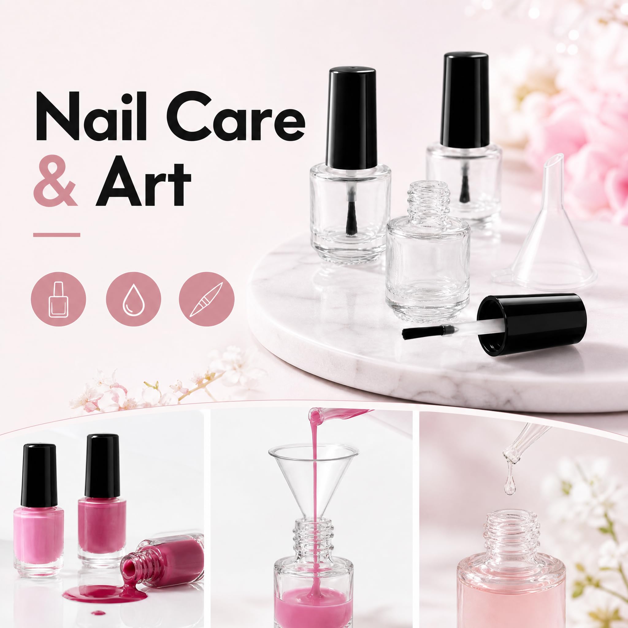 ZENFUN Lot de 50 flacons de vernis à ongles vides de 5 ml avec bouchon pinceau, récipients transparents pour vernis à ongles avec 6 entonnoirs en vrac, flacons rechargeables en verre pour nail art