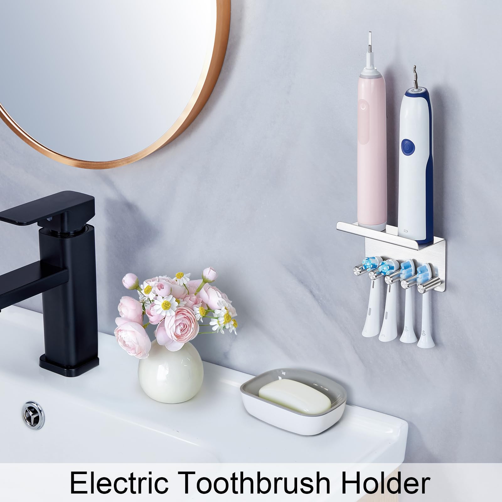 Electric Toothbrush Head Holder Wall Mounted, Stainless Steel Self-Adhesive Toothbrush Holders with Shelf Toothpaste Holder Organizer Shower Brush Holder for Bathroom