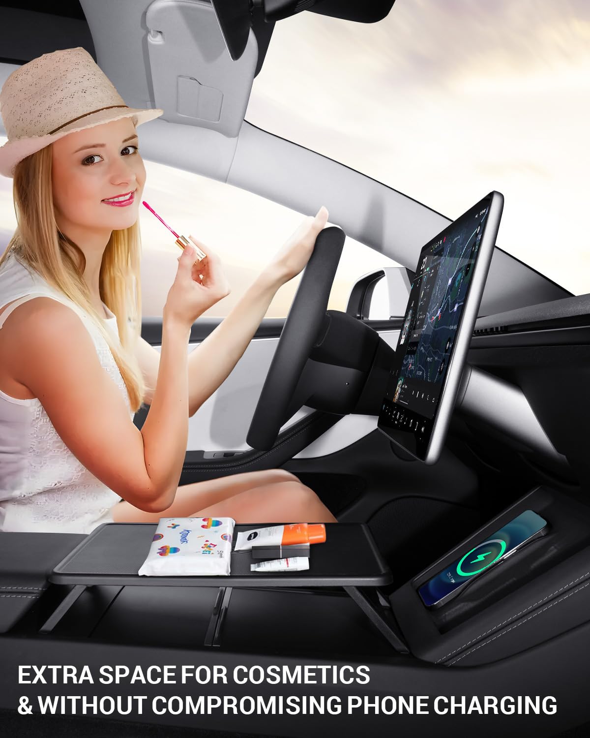 BASENOR Upgrade Tesla Model Y Model 3 Konsola środkowa Taca Antypoślizgowa Składana Samochodowa Biurko na Laptopa do Podróży Drogowych 2024 2025 Model 3 Highland 2025 2026 Model Y Odśwież Akcesoria