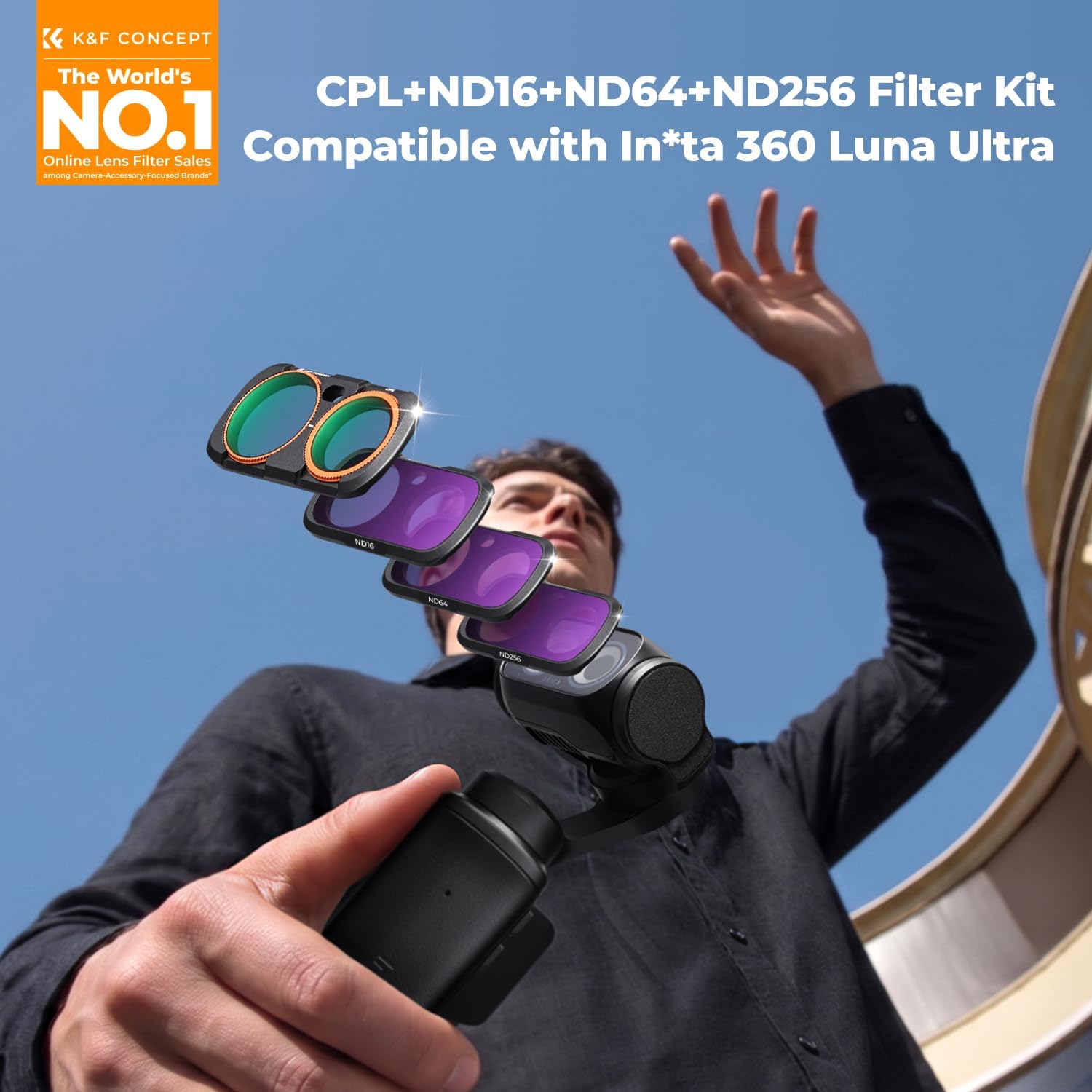 K&F CONCEPT CPL + ND16 + ND64 + ND256 Filter Kit Compatible with Insta360 Luna Ultra, (4, 6 and 8-Stop Neutral Density + Polarising) Magnetic Mount, Ultra-Slim, Stowable – for VLOG and Photography
