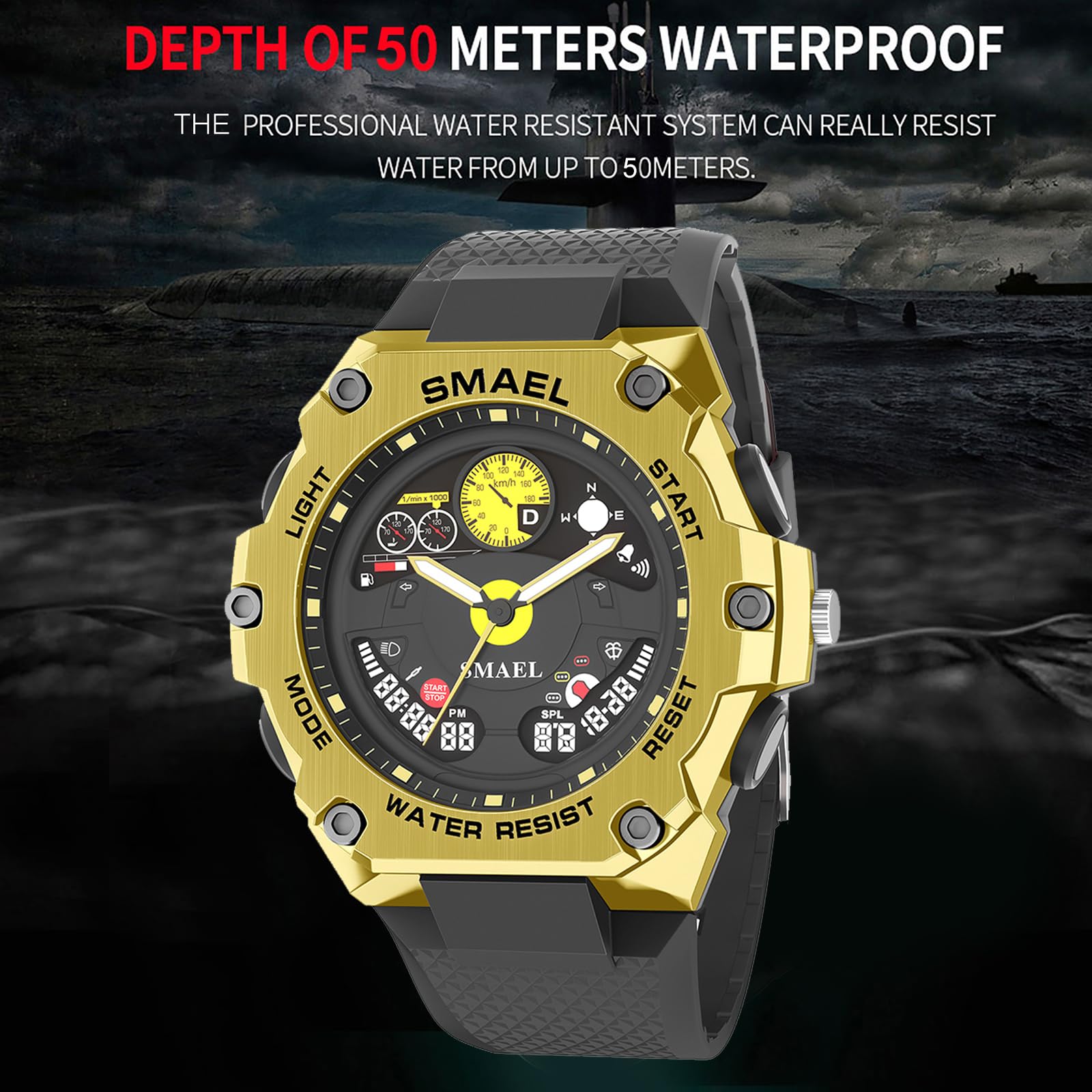 Orologio da polso da uomo, digitale e analogico, 5 ATM, impermeabile, militare, da uomo, con sveglia, LED, data, cronometro, sportivo, digitale, militare, per uomini, ragazzi, cronografo, orologio da