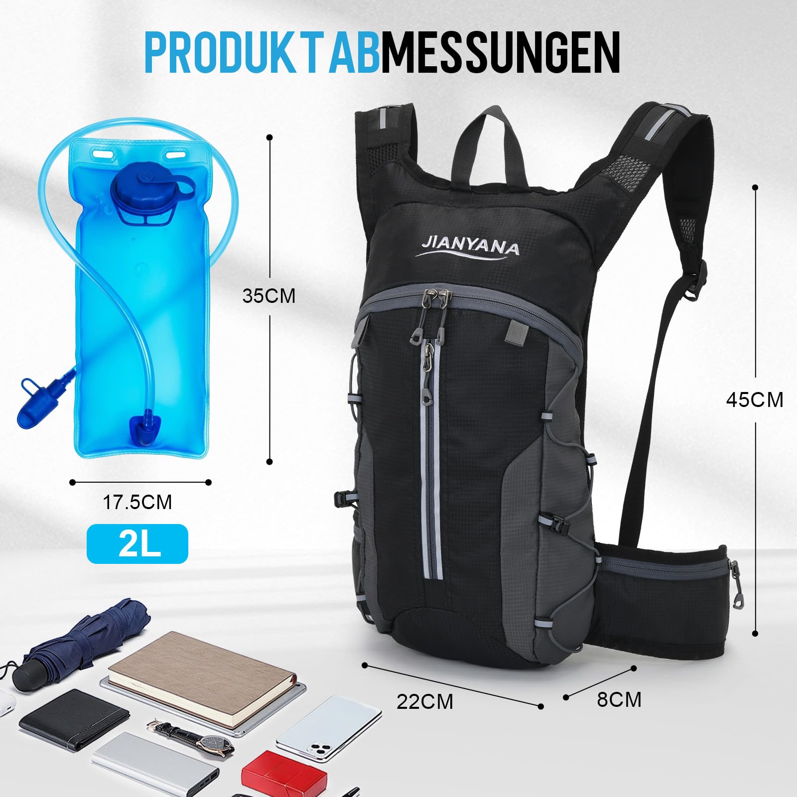 JIANYANA 2L Hydration Rucksack,Falbarer Trinkblasen-Rucksack,Helmtragesystem,Helmtasche aus Mesh,Ultraleichtes und atmungsaktives Design 550g Leichtgewicht,für Wandern,Radfahren,Laufen,Camping,Pendeln