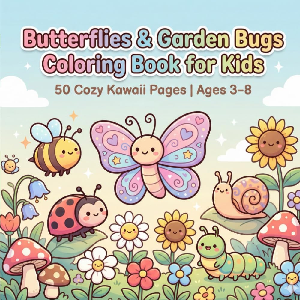Butterflies & Garden Bugs Coloring Book for Kids: 50 Cozy Kawaii Coloring Pages of Cute Butterflies, Bees, Ladybugs, Snails & Calm Garden Scenes for Ages 3–8