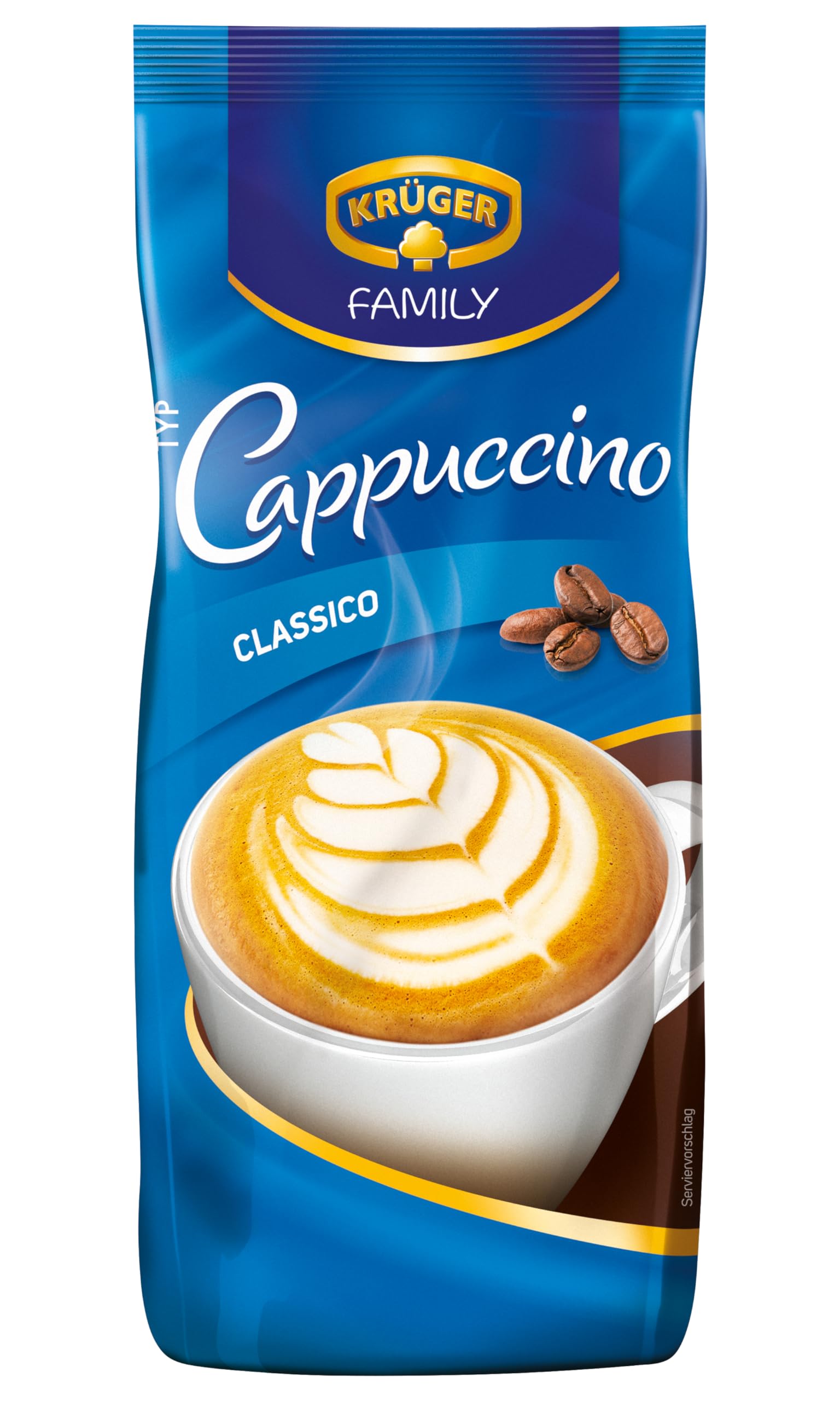 KRÜGER Family Cappuccino Classico, aromatisiertes Getränkepulver mit löslichem Bohnenkaffee, koffeinhaltig, 500 g Beutel