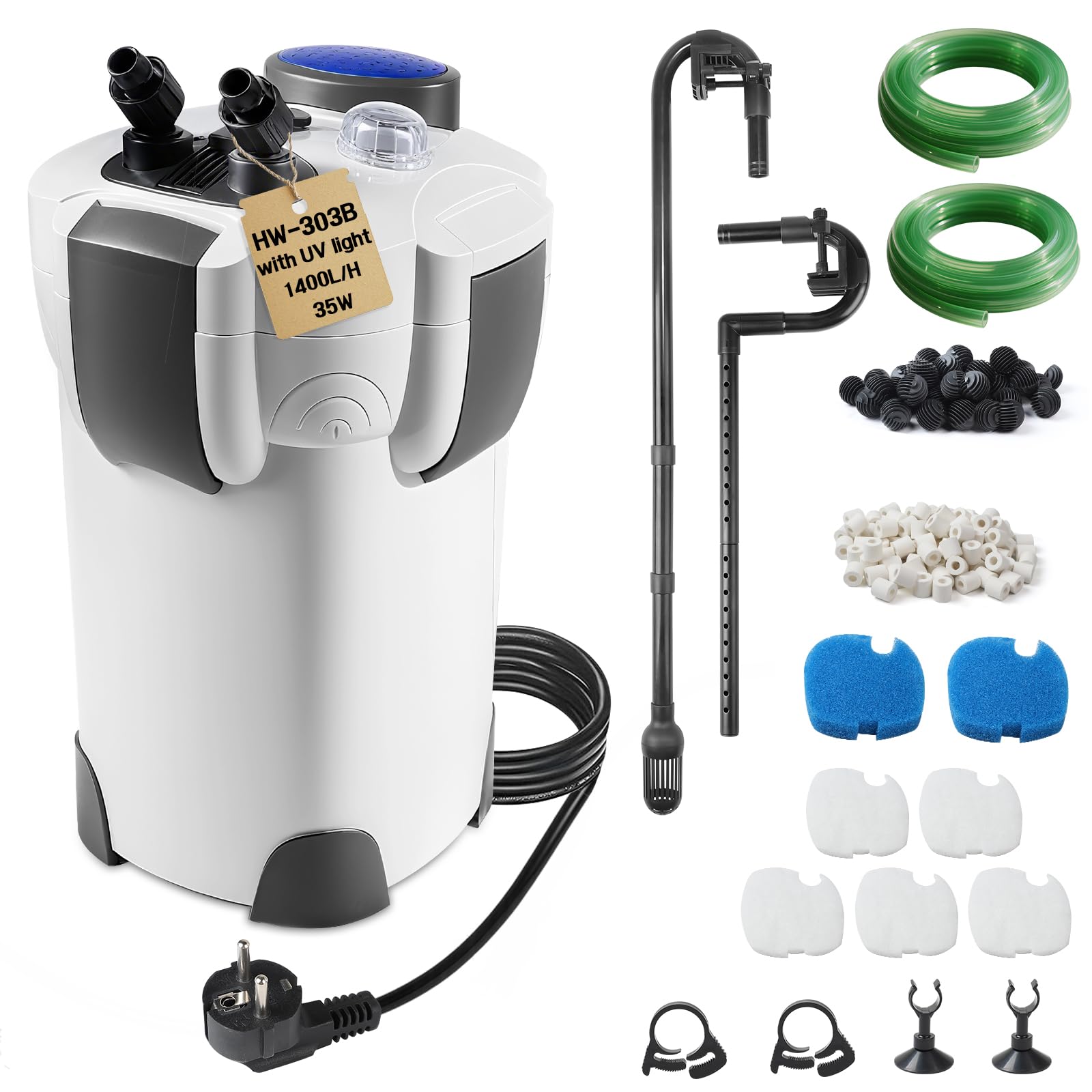 EXLECO Filtro Externo Acuario con Lámpara UVC 1400L/H 35W Filtro Pecera Flujo Ajustable con Material Filtrante y Manguera Acuario Tubo, Bomba de Filtrar Aquário para Pecera de Menos de 300L HW-302B