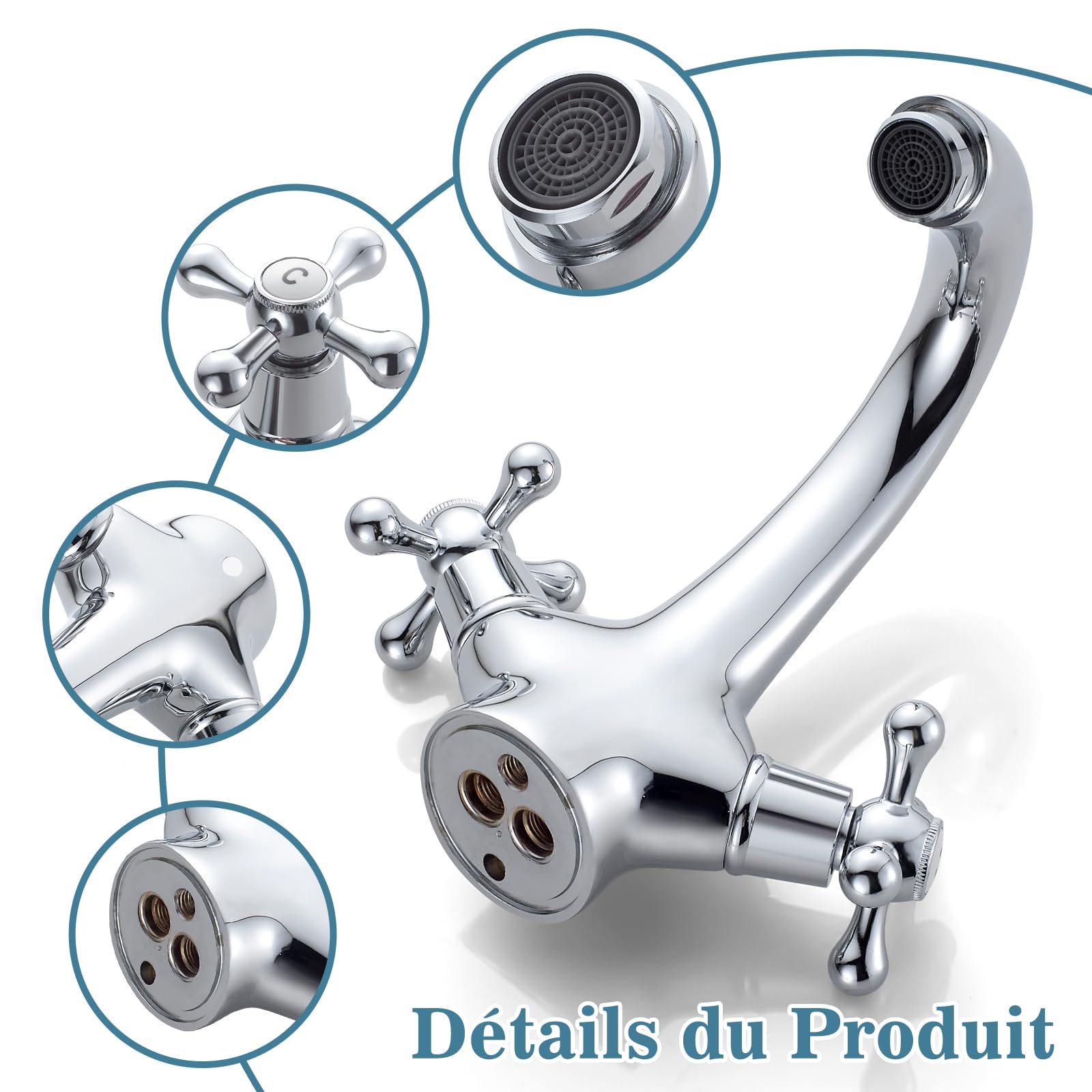 Robinet de Lavabo Rétro, Mitigeur Lavabo Double Poignée, Robinet D'évier de Salle de Bain, Robinetterie de Lavabo avec Eau Chaude et Froide Disponible, Chromé