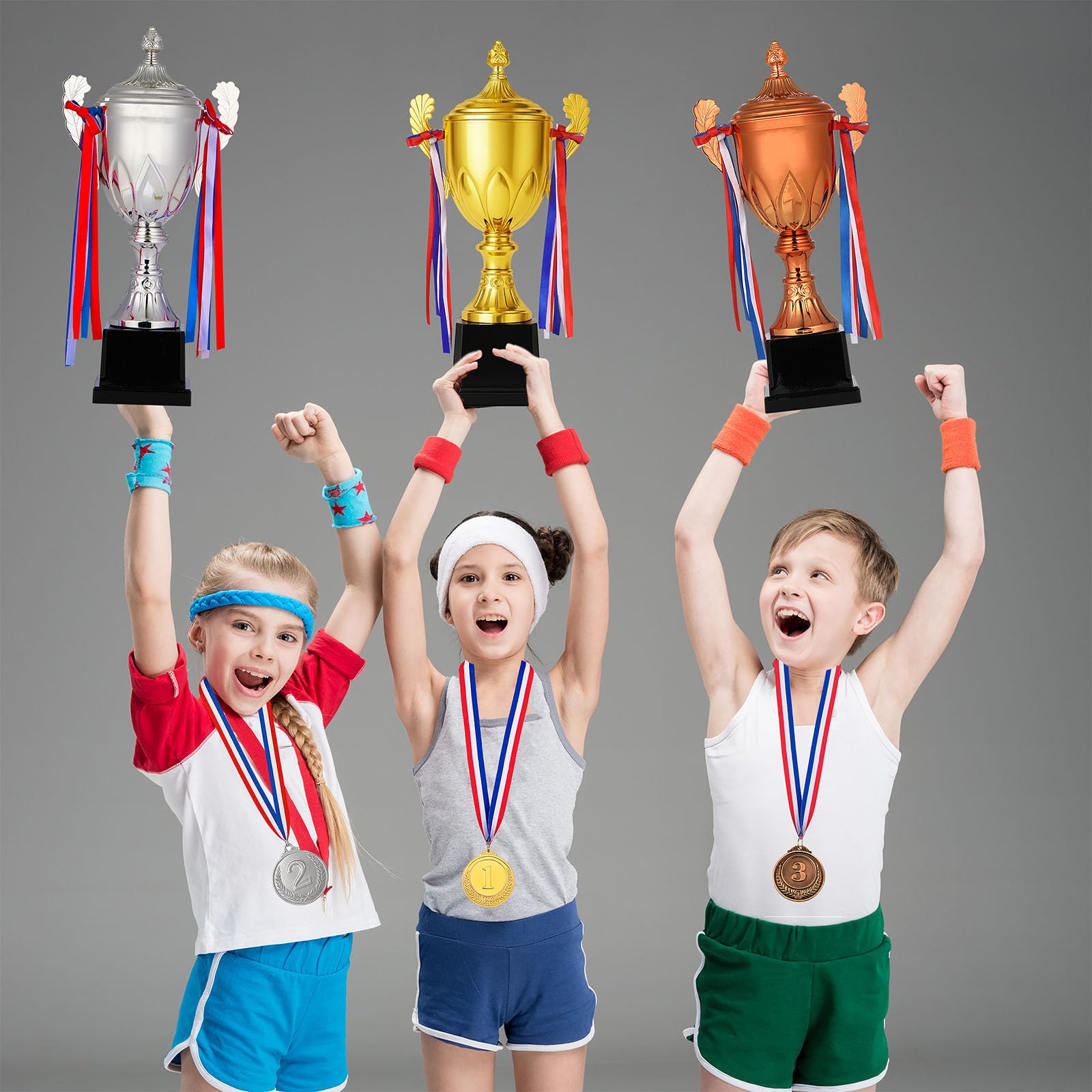 Trofeo de premio de oro de 16.5 pulgadas, gran copa de trofeo y medallas de premio con cinta para niños y adultos para deportes, competiciones, torneos