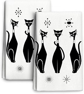 Mid Century Modern Black Cat Kitchen Towels Decorative Set, Cute Absorbent Dish Towels Tea Towels Hand Towels for Kitchen Bathroom Bar Decor, Retro Cat Gifts for Women