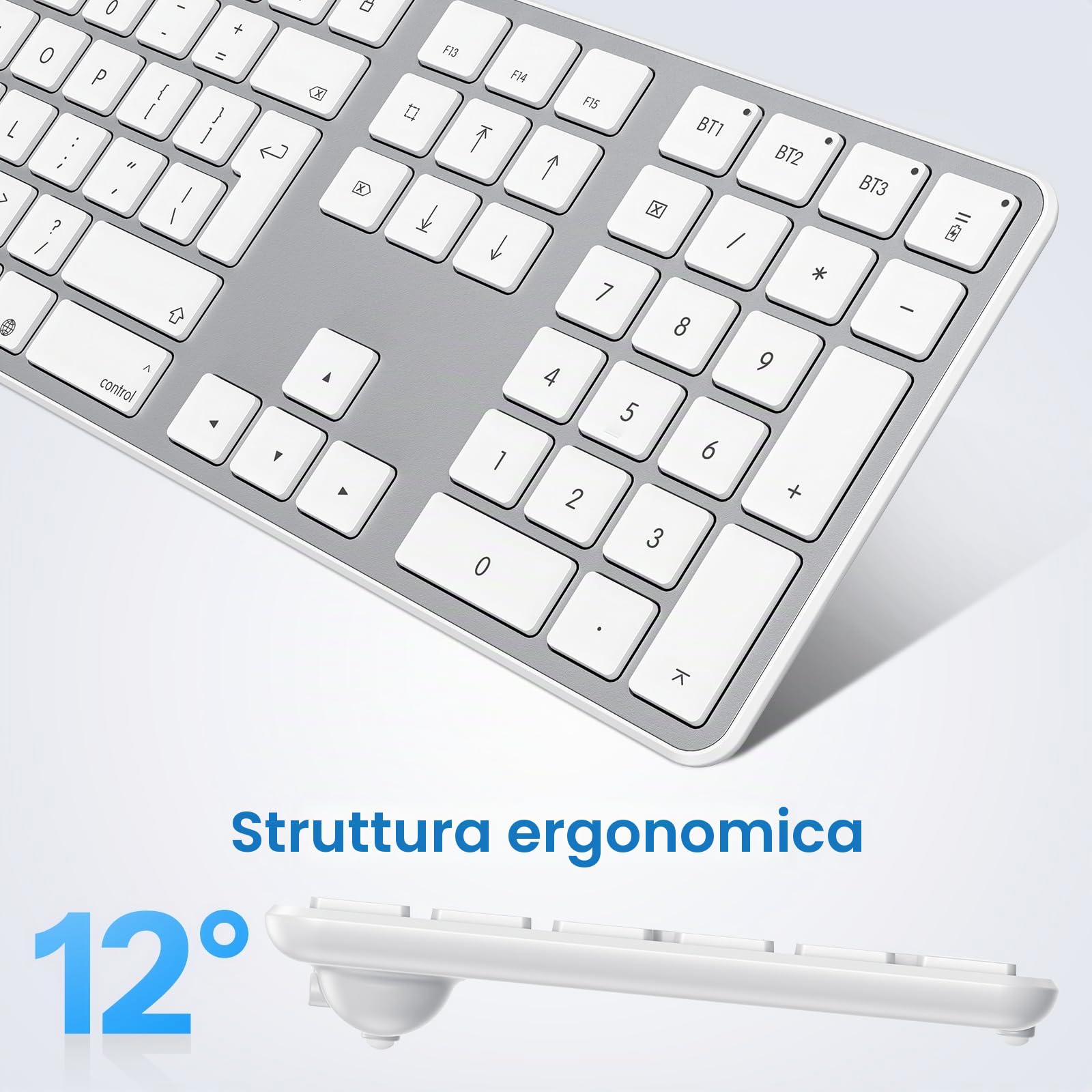 OMOTON Tastiera e mouse wireless Bluetooth per Mac (MacBook Air/MacBook Pro/iMac/iMac Pro), tastiera e mouse USB ricaricabili per Mac OS, con 3 canali Bluetooth, scrittura silenziosa, argento