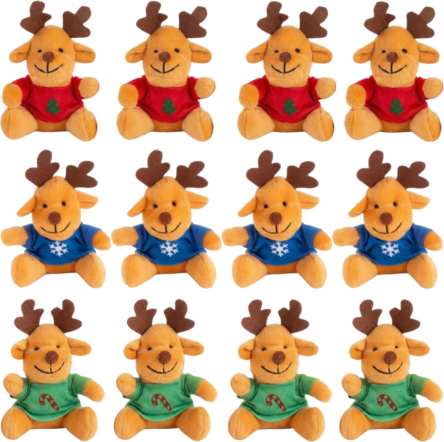 Mini Christmas Stuffed Reindeer – 12 Pack 4.5" Plush Reindeer Toys with Holiday T-Shirts, Cute Christmas Party Favors, Stocking Stuffers, Classroom Gifts, Holiday Giveaways for Kids