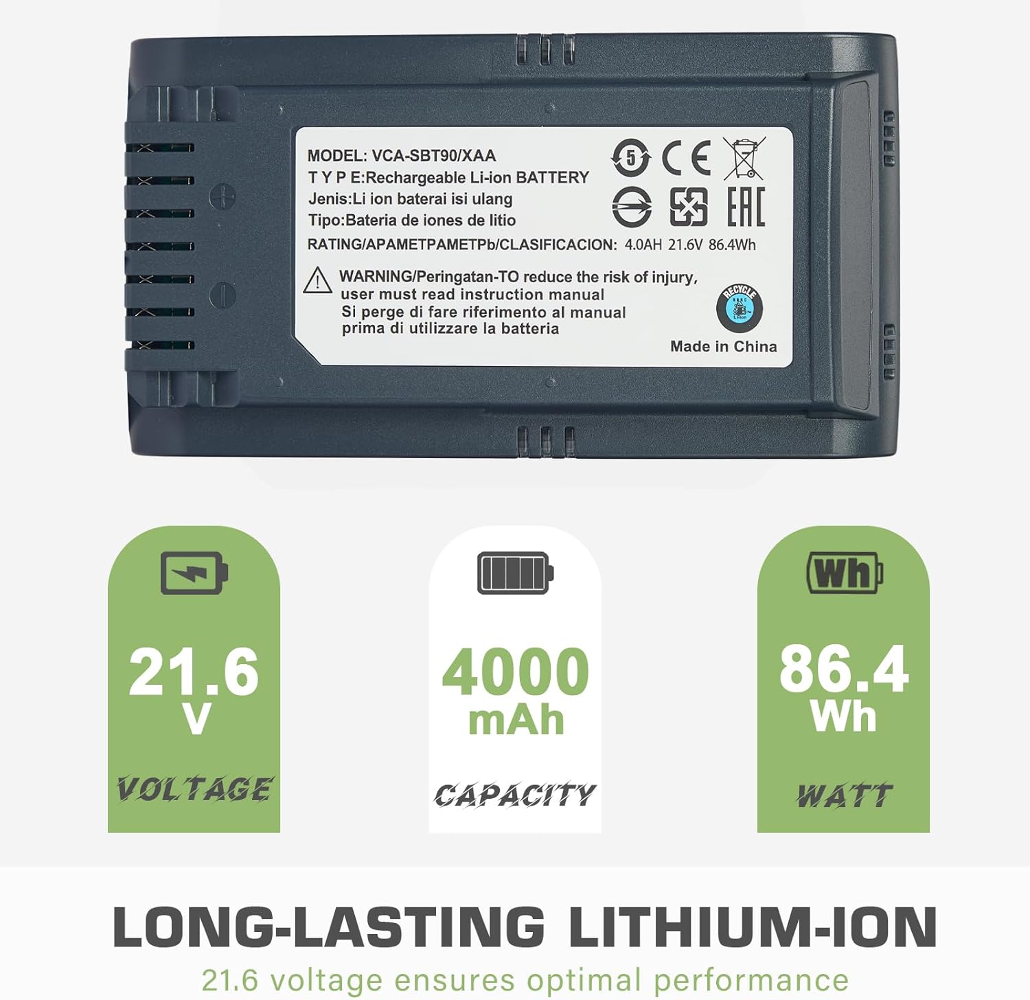 4.0Ah Replacement Battery for Samsung Jet 60, Jet 70 75 75+, Jet 90 90+ Series Stick Vacuum Cleaner-Lithium Ion VCA-SBTA60 VCA-SBT90 VCA-SBT90EB Compatible Battery