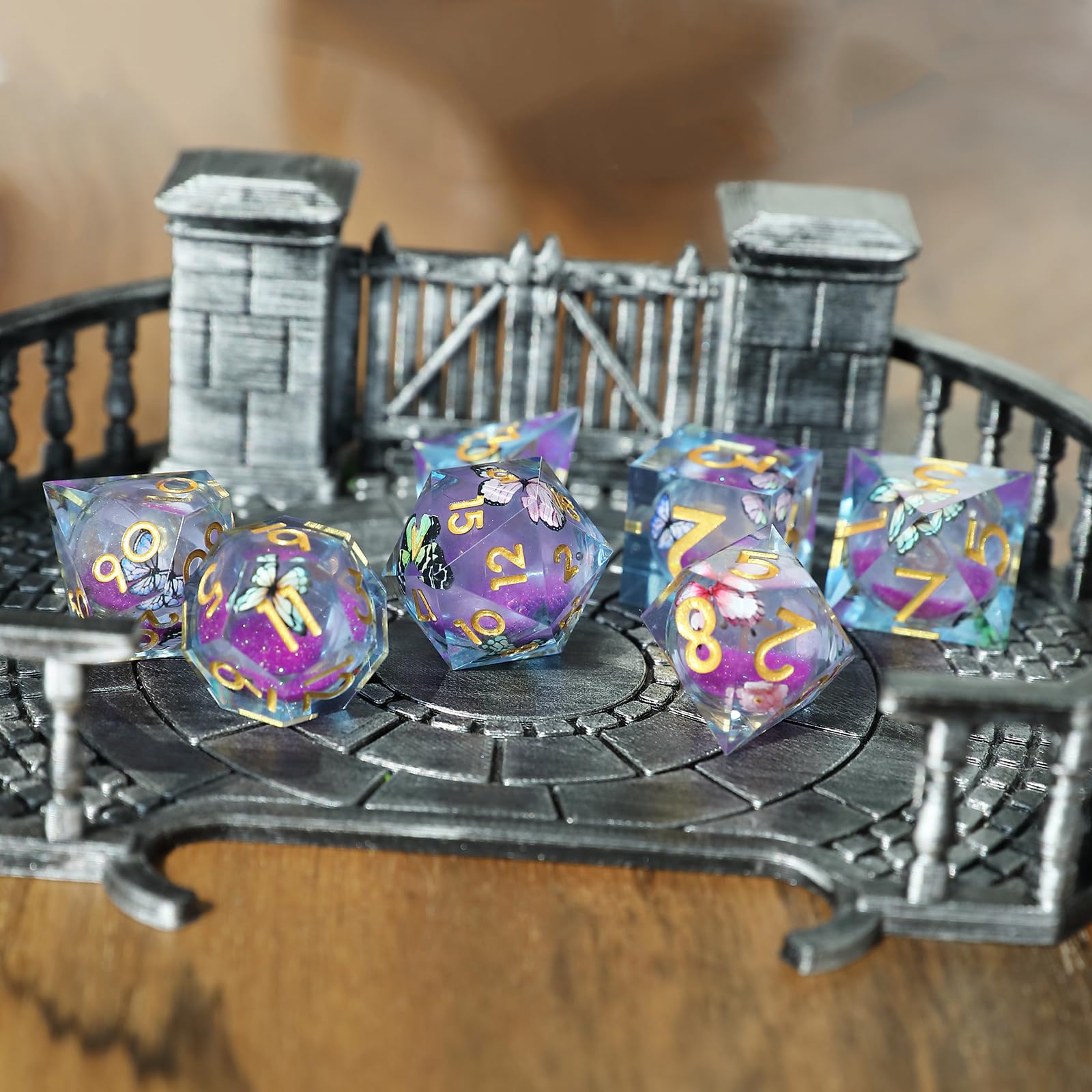 Liquid Core 7 piece Resin Polyhedral Dice Set - Dungeons & Dragons RPG Set, Butterfly Themed Dice With D20, D12, D10, D8, D6, D4 - Image 3