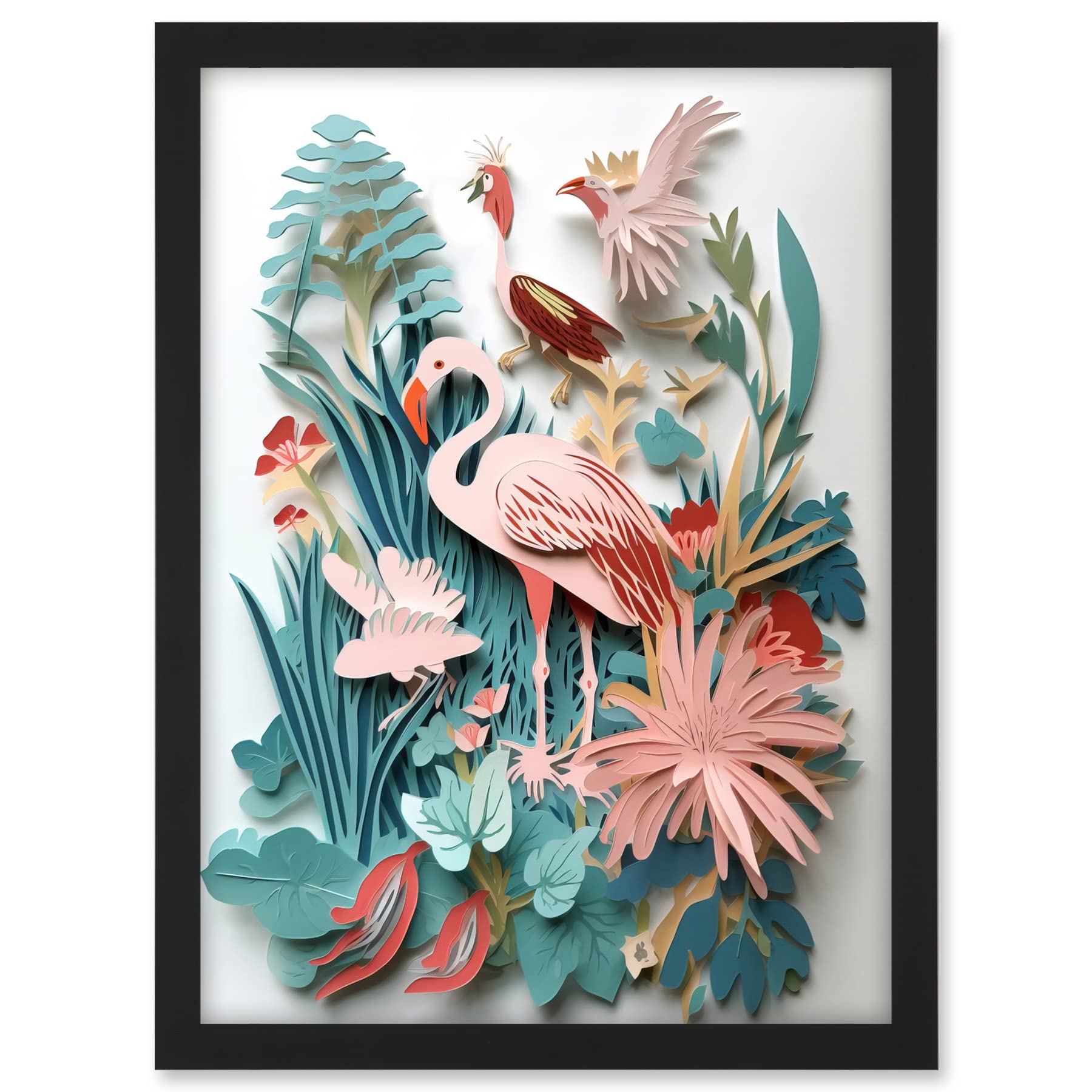 Artery8 Tropical Plants And Birds Multi-Dimensional Paper Kirigami Art Print Artwork Framed A3 Wall Art Print