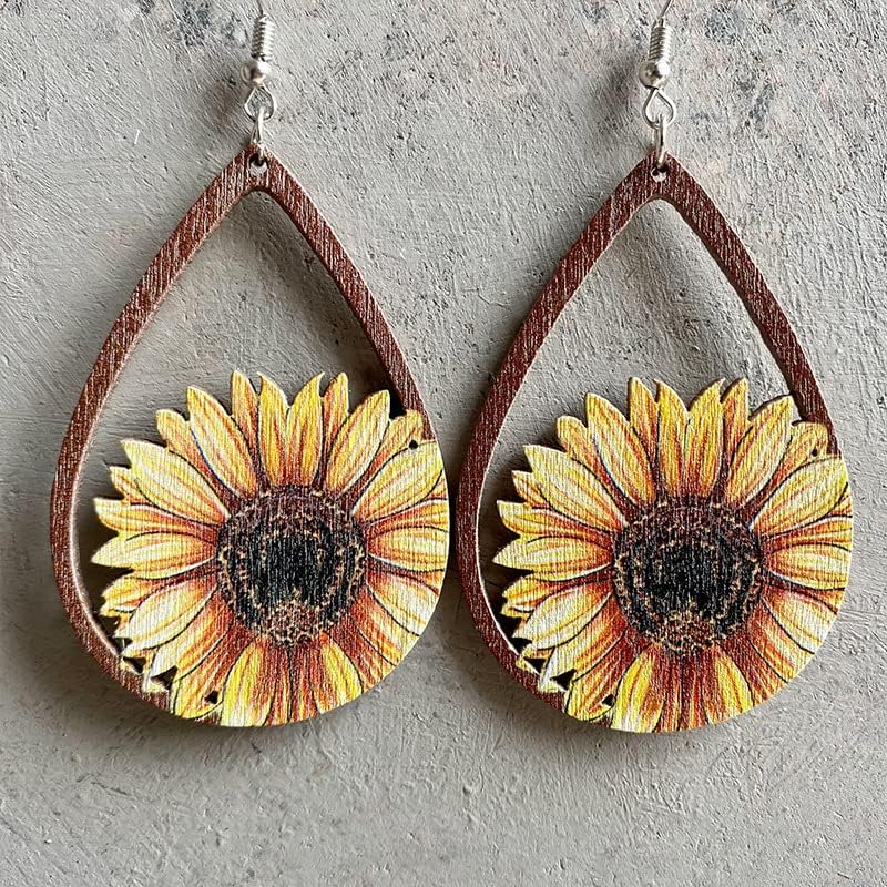 Wooden Sunflower Earrings for Women Daisy Flower Drop Dangle Earrings Statement Earrings - Image 6