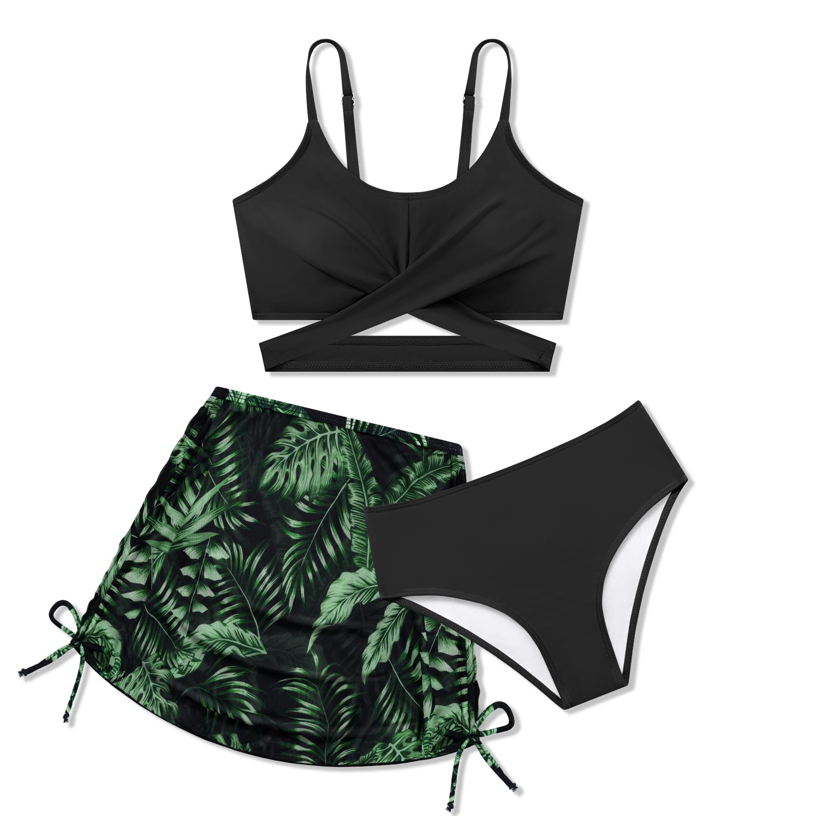 Maillot de bain 3 pièces pour fille avec bretelles spaghetti croisées et jupe cache-maillot de bain