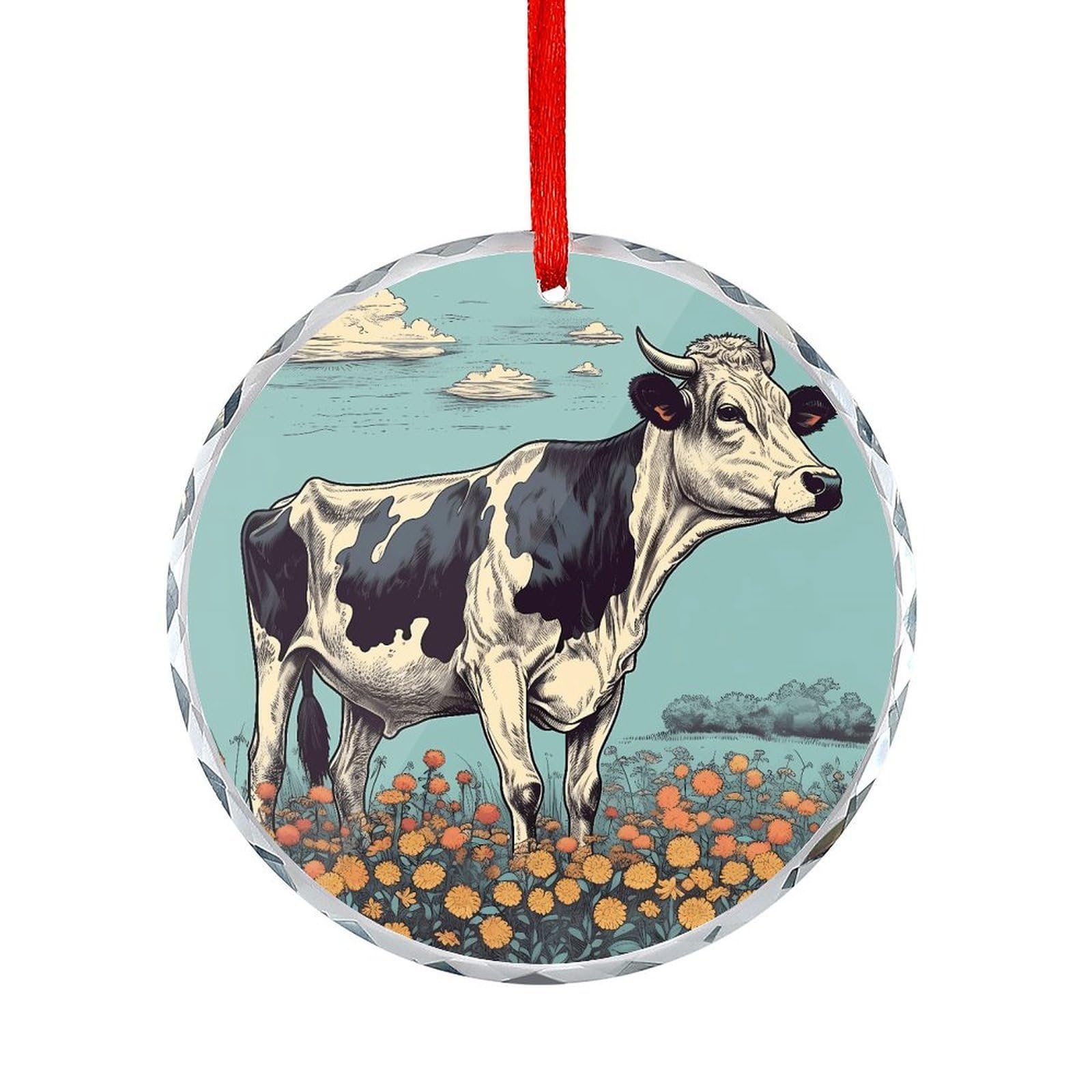 Btcowzrv Style Hand Drawn Cow Round Ornament Hanging Pendant Decor