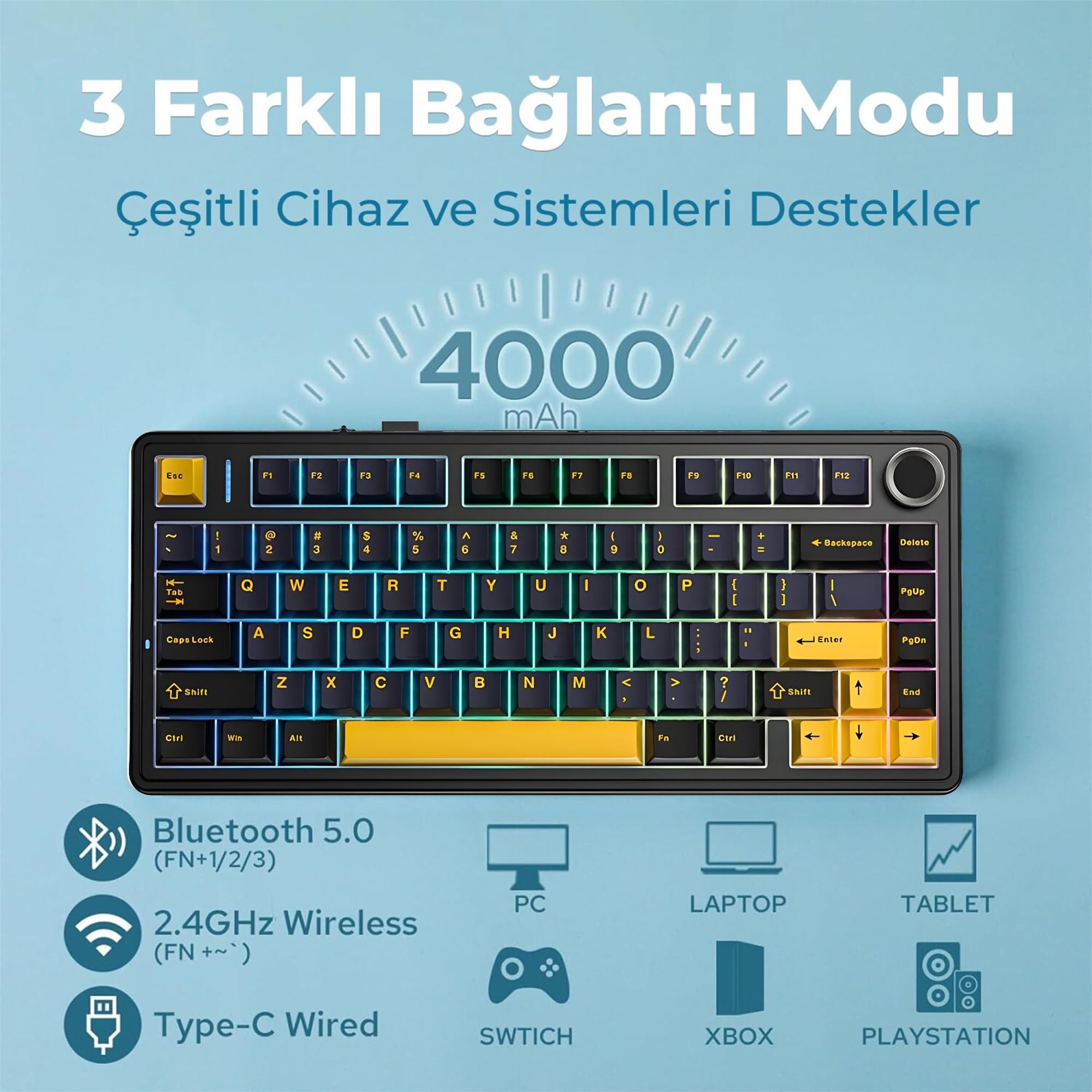 Aula F75 Mécanique RGB TKL Reaper Switch Wireless Macroller Clavier Hot Swap Noir