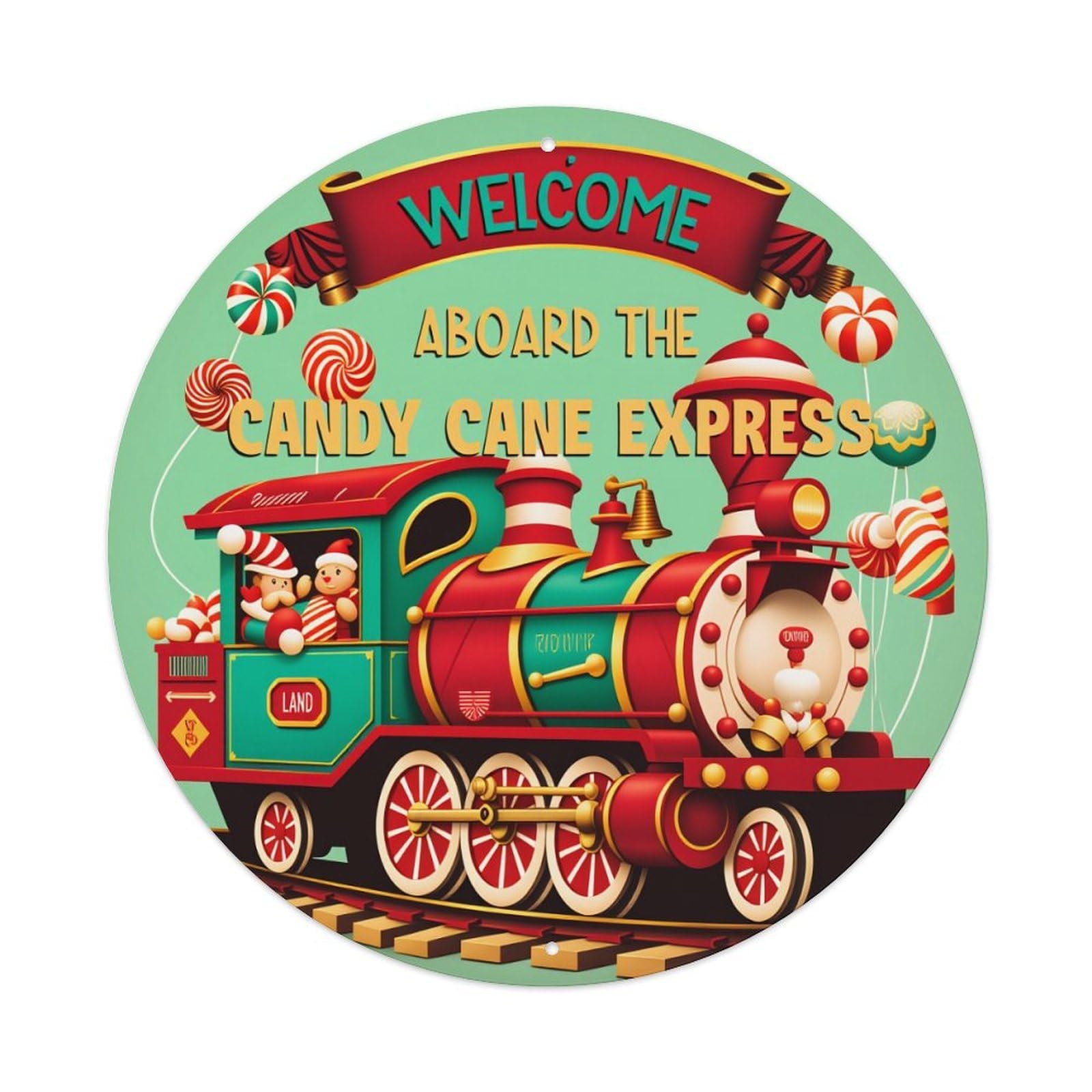 Candy Cane Train Christmas Holiday Welcome Express Round Vintage Tin Sign,Retro Wall Art,Metal Poster for Home, Bar, Garage, Cafe, Rustic Indoor & Outdoor Decor, 8x8 Inches