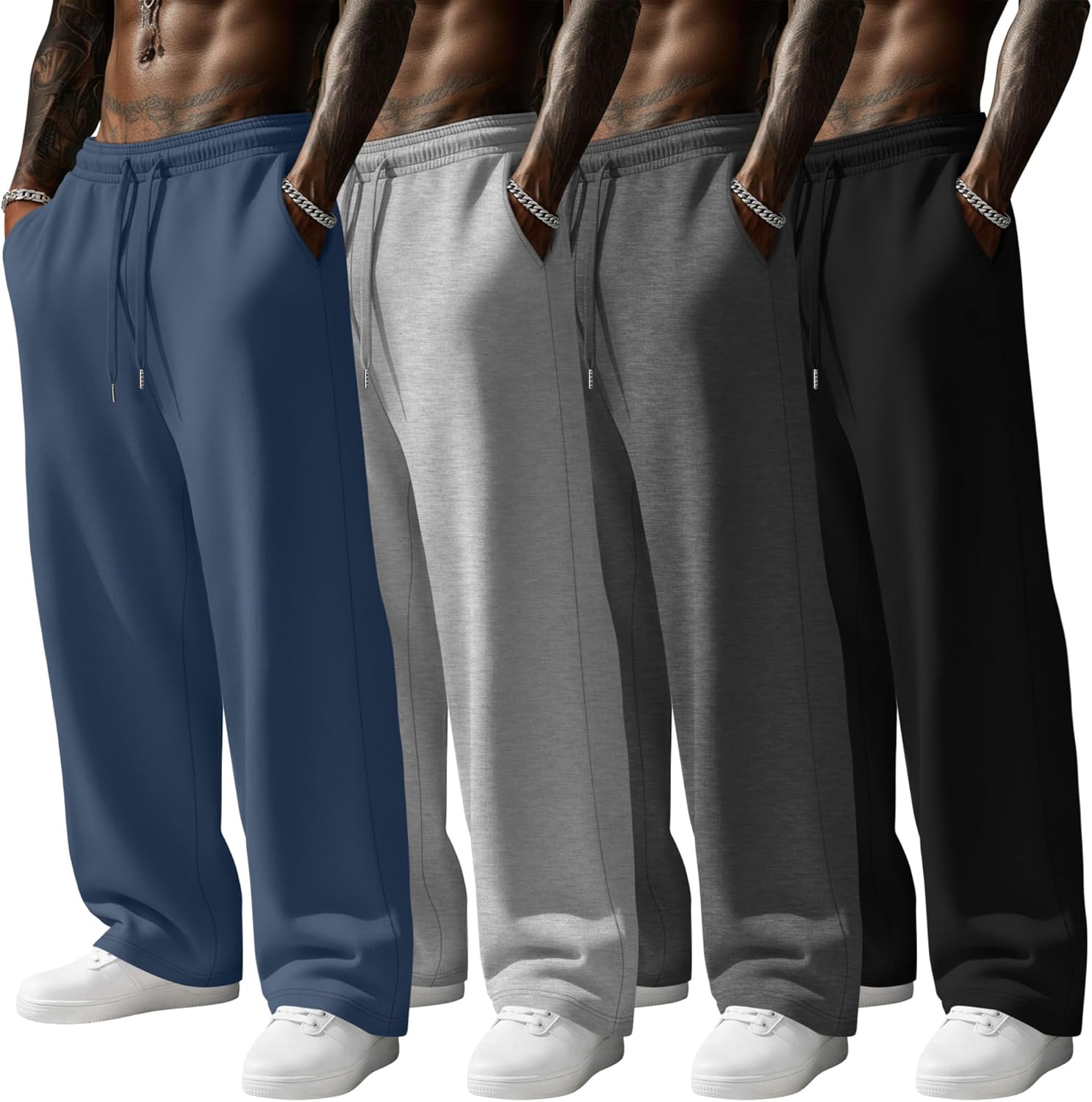 4 Pack Men's Sweatpants Wide Leg Open Bottom Baggy Drawstring Joggers Athletic Lounge Pants with Pockets