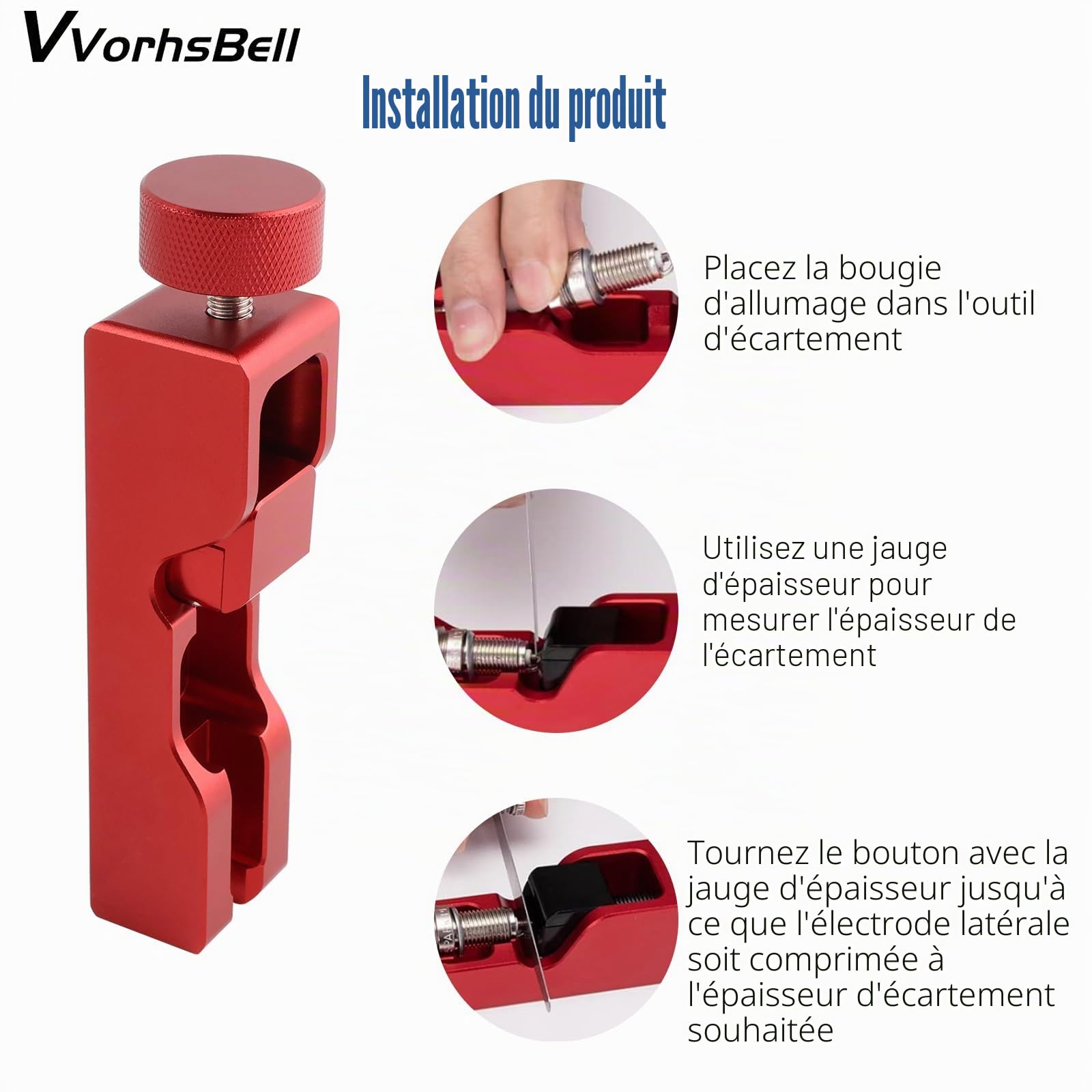 Outil universel pour bougie d'allumage compatible avec 10 mm, 12 mm, 14 mm, 16 mm, outil de réglage précis de 0,04 à 0,88 mm pour l'entretien de voiture et moto (rouge)