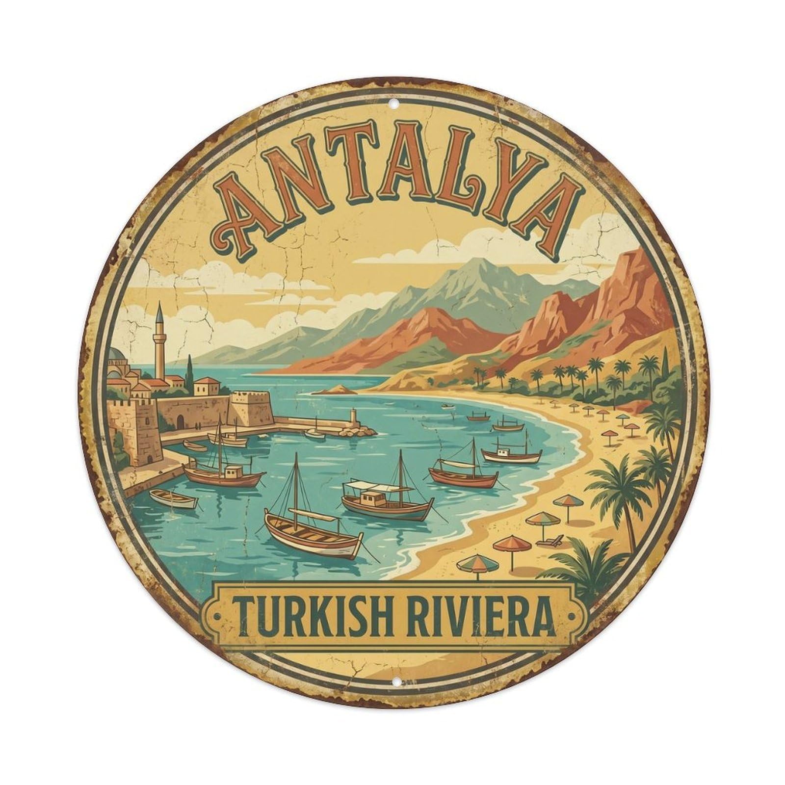 Vintage Travel Antalya Mediterranean Shore Metal Tin Sign