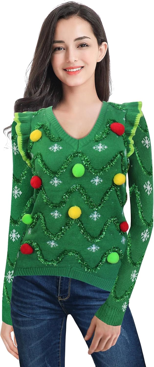 v28 Varied Ugly Christmas Sweater for Women Merry Reindeer Shirt Knit Sweaters