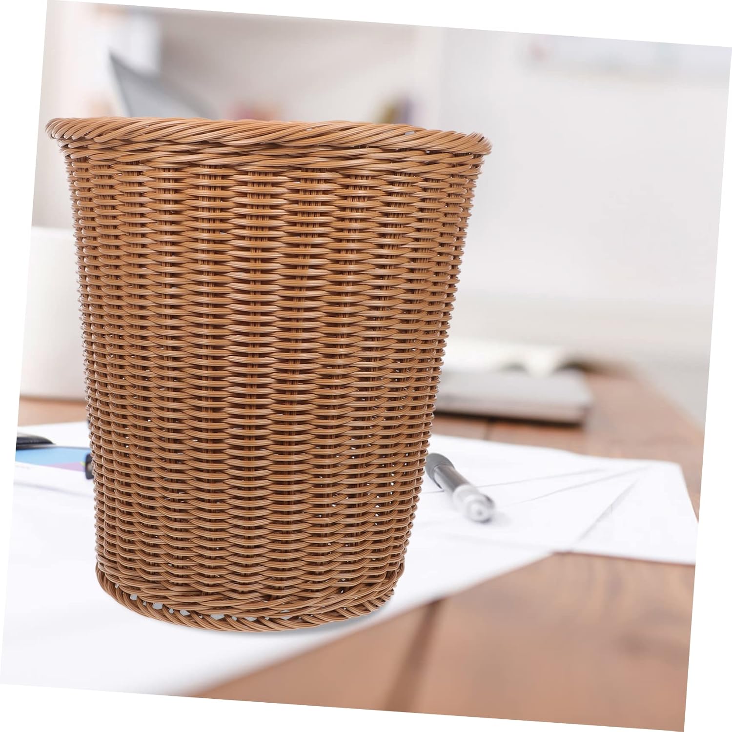 Home Decor Home Decor Waste Basket 1Pc Office Trash Can Simulated Rattan Woven Wastebasket Trash (Beige) Bathroom Office