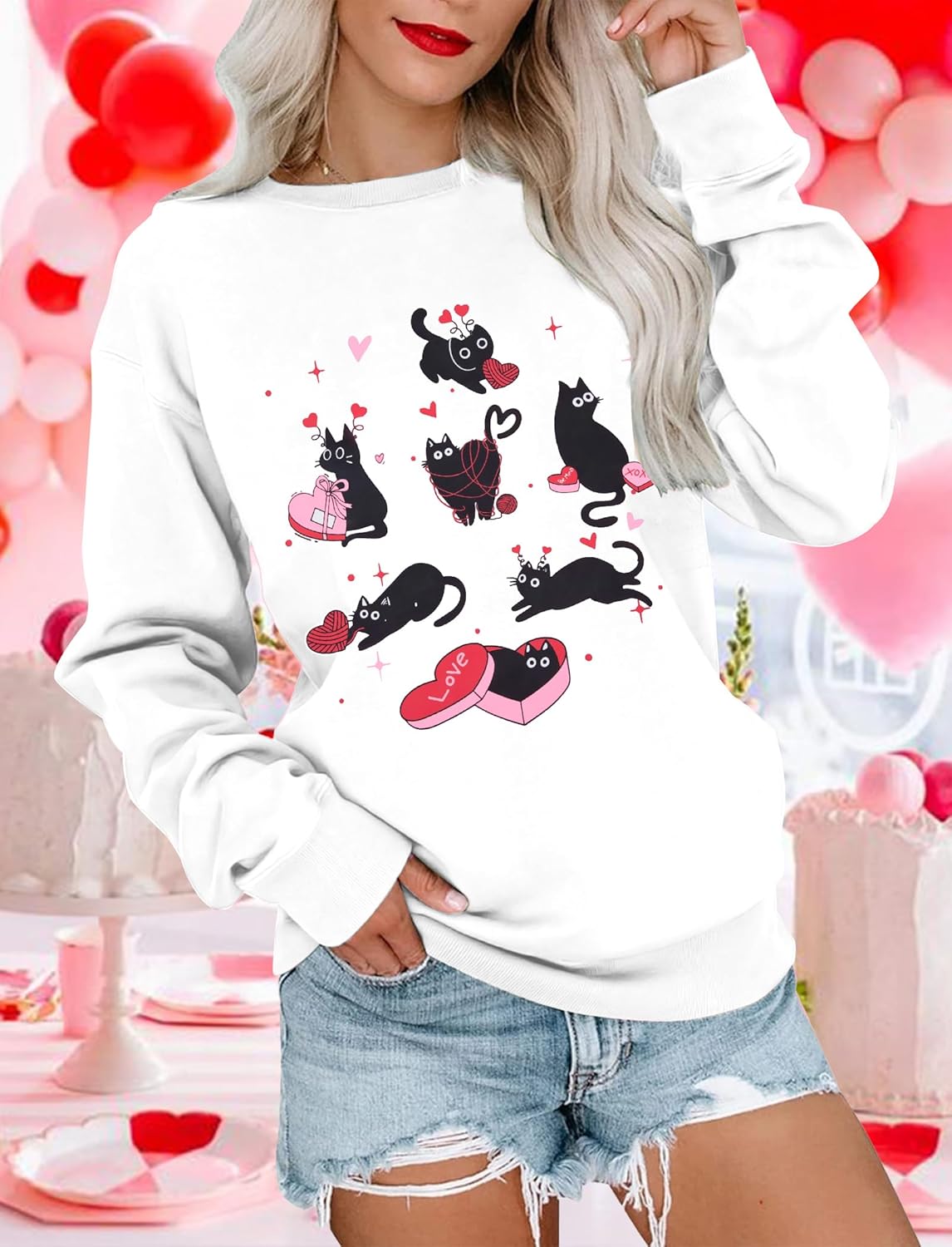 FLOYU Cat Valentine Sweatshirt Women Valentine Sweatshirts Pullover Cat Lover Gift Tops Valentine's Day Romantic Sweater - Image 3