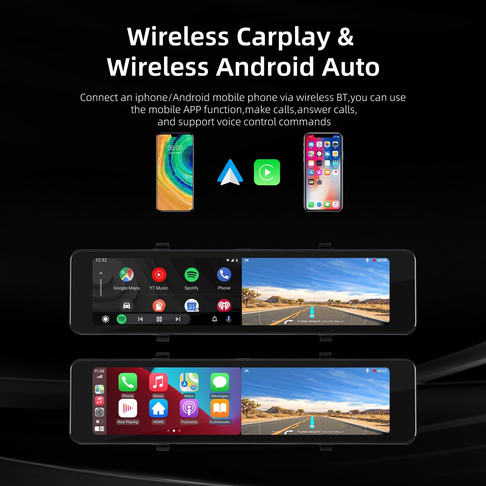 CAMECHO Rétroviseur Dash Cam 11.26" avec Apple CarPlay Android Auto et caméra de recul sans Fil, Smart Screen Mirror pour Voitures Et amions avec Vision Nocturne Carte 64G