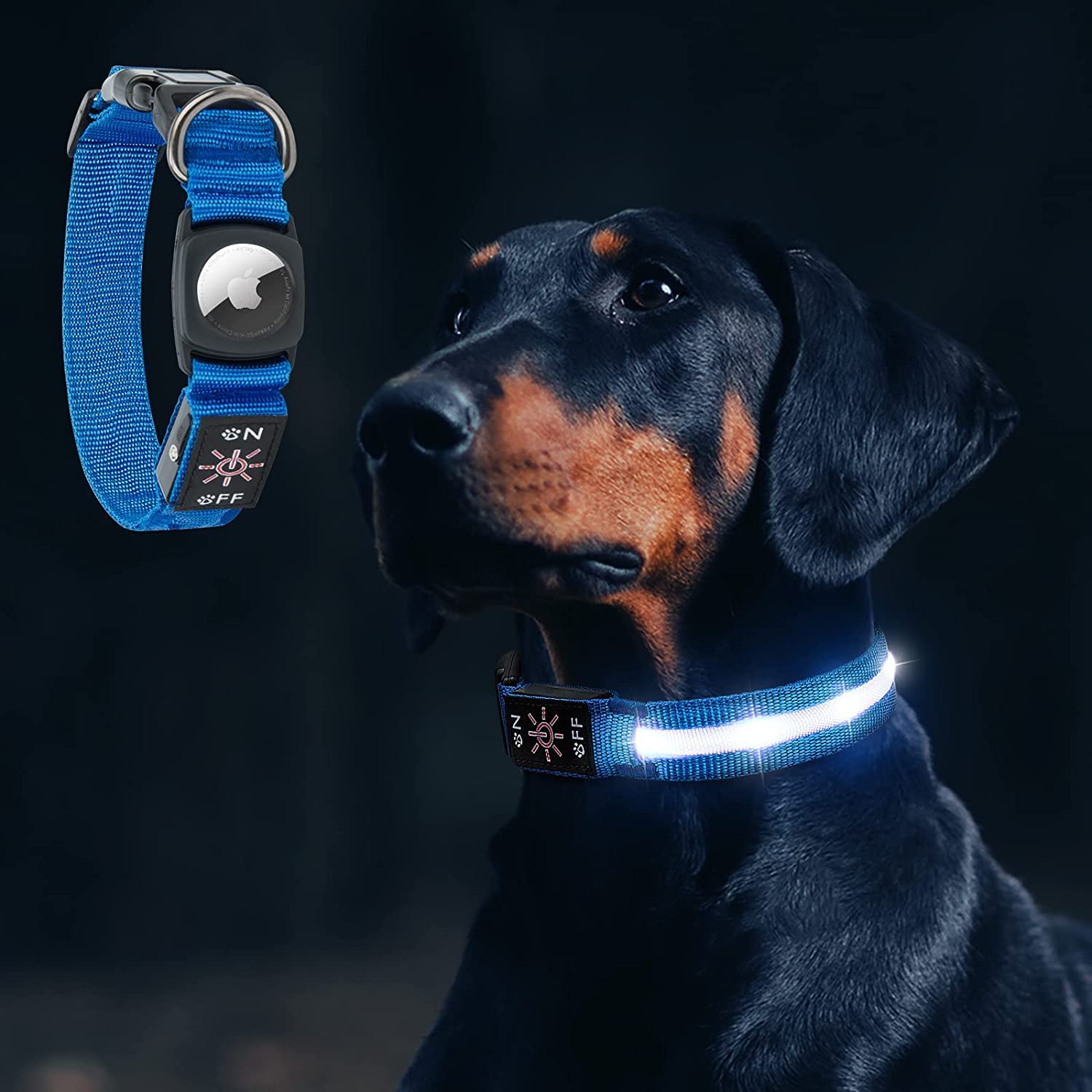 HLHGR Airtage LED Dog Collar Light up Dog Collar with Apple Air Tag Case Holder Safety USB Rechargeable with Water Resistant (L, Blue)…