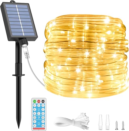 ICRGB Cuerda de luces solares, 120 LED39 pies, impermeable, IP67, con control remoto, 8 modos, temporizador y función de memoria para exteriores,