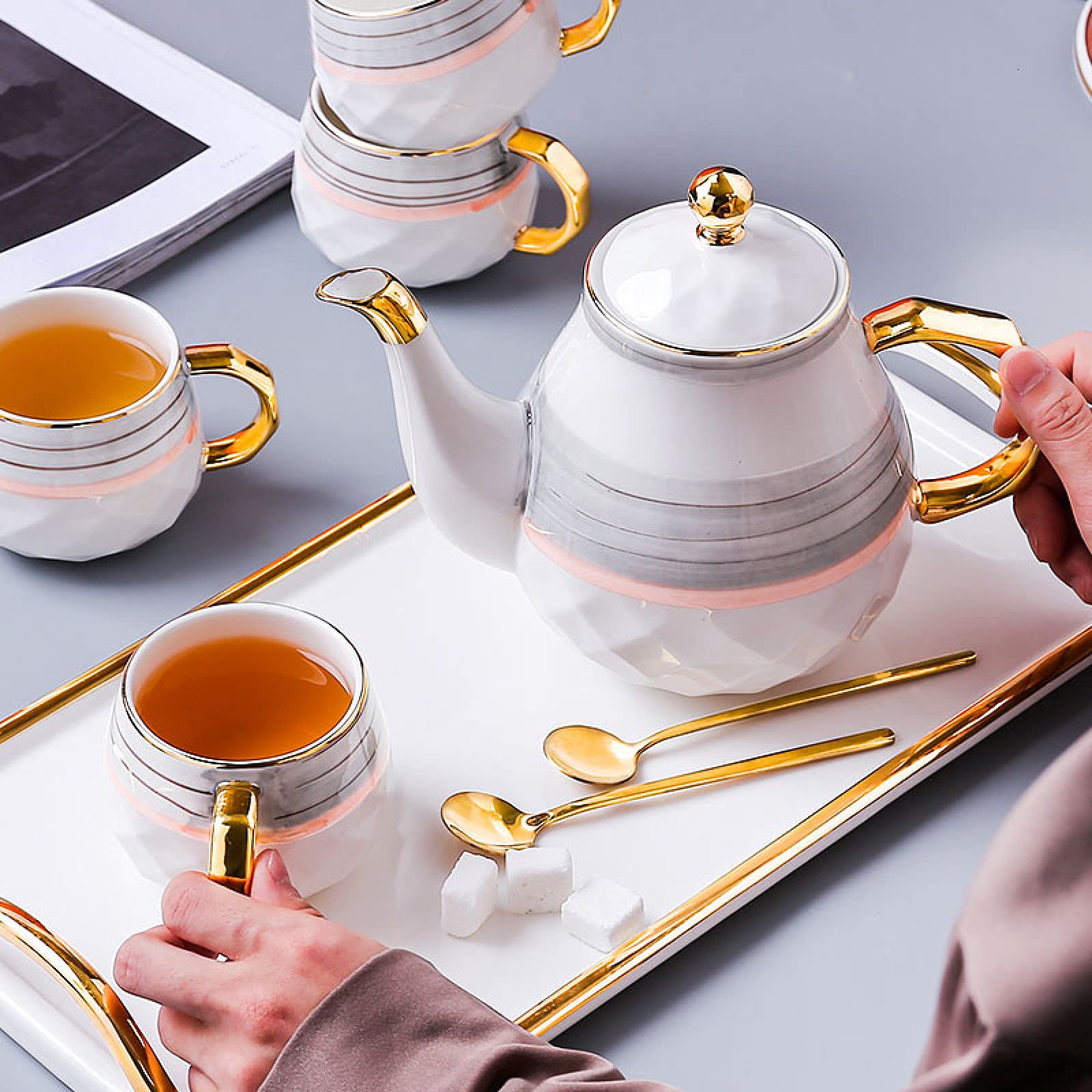 8-Elementowy Zestaw Do Herbaty Dla Dorosłych Z Czajniczkiem, Porcelanowy Zestaw Do Herbaty, Ceramiczny Zestaw Do Kawy I Herbaty, 6 Filiżanek, Czajniczek, Taca Do Serwowan