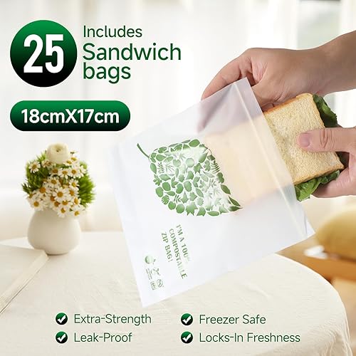 Miniatura 2 de Bolsas con cremallera para sándwich compostables de 25 × 100 %  Bolsas de almacenamiento de alimentos ecológicas  Bolsa para congelador  A base de