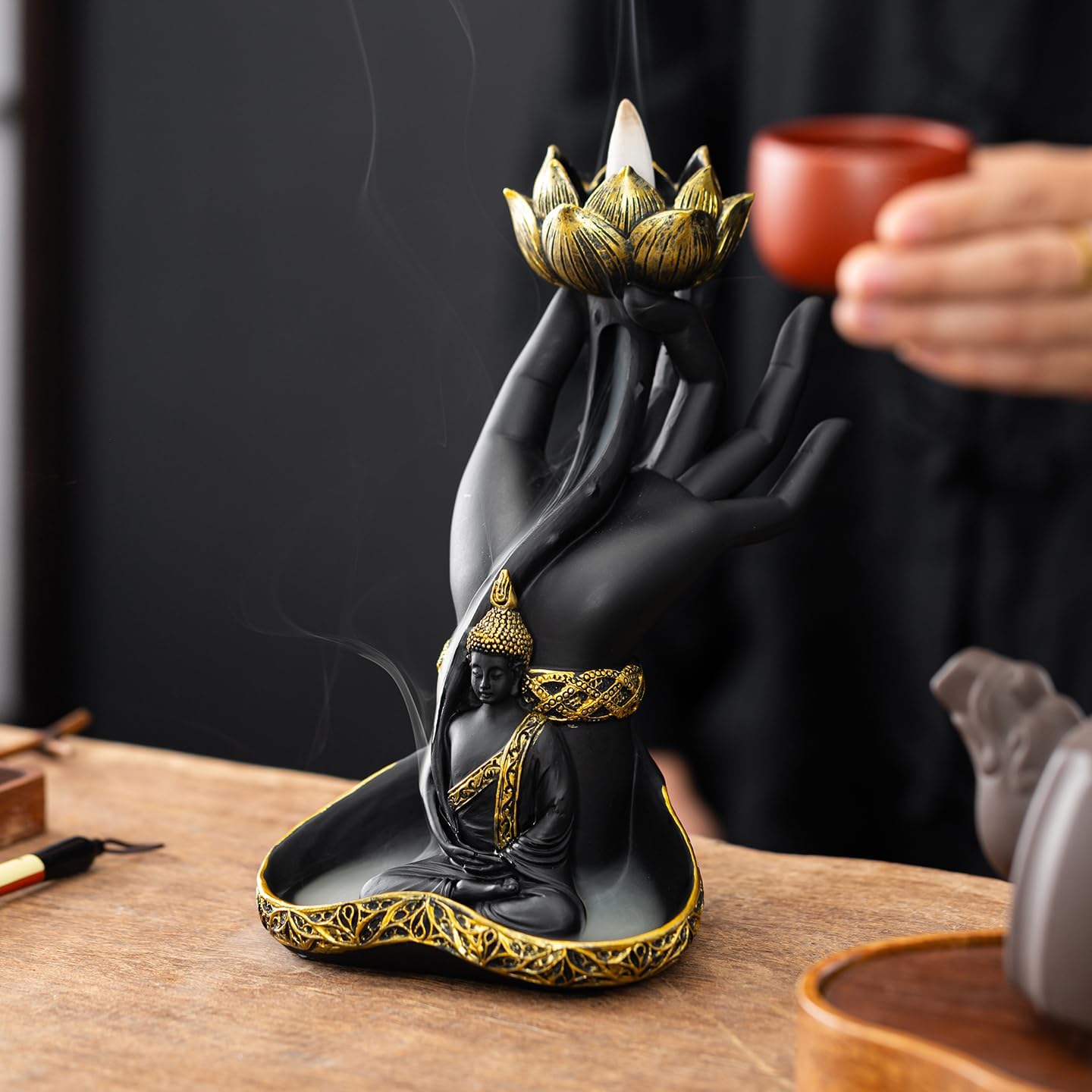 Hand-Held Lotus Backflow Incense Burner & Candle Holder, 7" Tall | Zen Waterfall Incense Fountain, With Buddha Statue, Resin, For Home Decor, Meditation & Yoga Relaxation