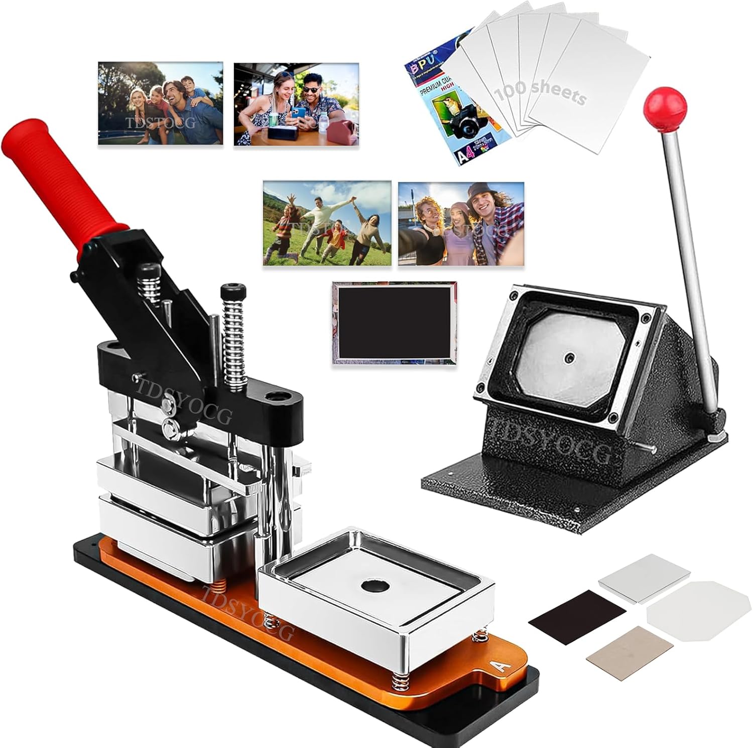 Square/Rectangle Refrigerator Magnet Maker Machine Kit, DIY Photo Magnet Press + Paper Cutter + 100 Sets Cardboard Supplies + 100 Sheets Photo Paper, Custom Magnet Machine for Fridge Magnets