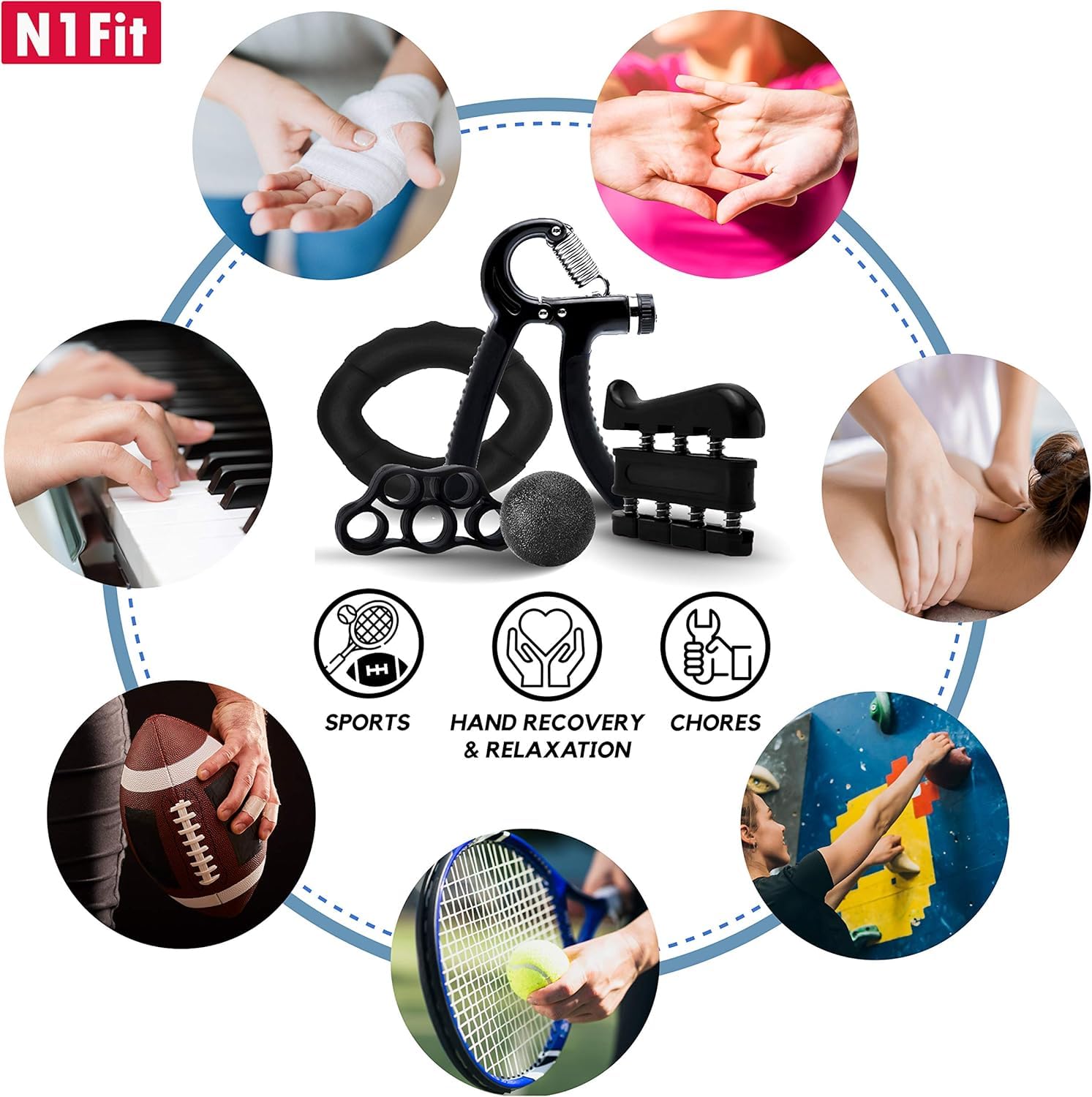 Kit de entrenamiento fortalecedor de agarre de mano (paquete de 5) agarre de antebrazo ajustable agarre de mano, ejercitador de dedos, estirador de dedos, anillo de agarre y bola de agarre para