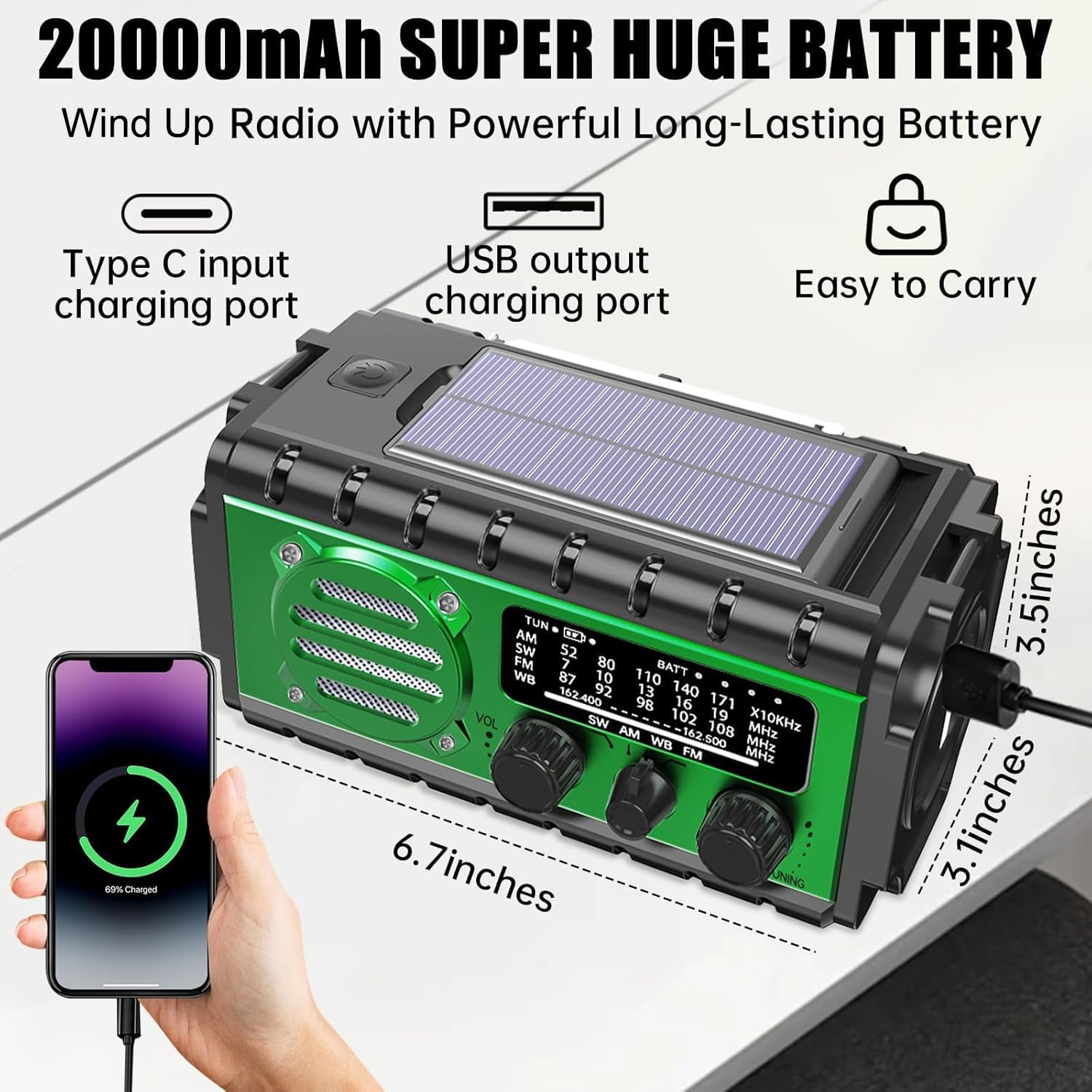 Radio Dynamo Survie 20000mah Lampe Dynamo Survie SW/AM/FM Grande Batterie, Portable Charge de Téléphone Portable, SOS, Lampe de Poche Radio Manivelle Survie pour Urgence/Maison （Vert）