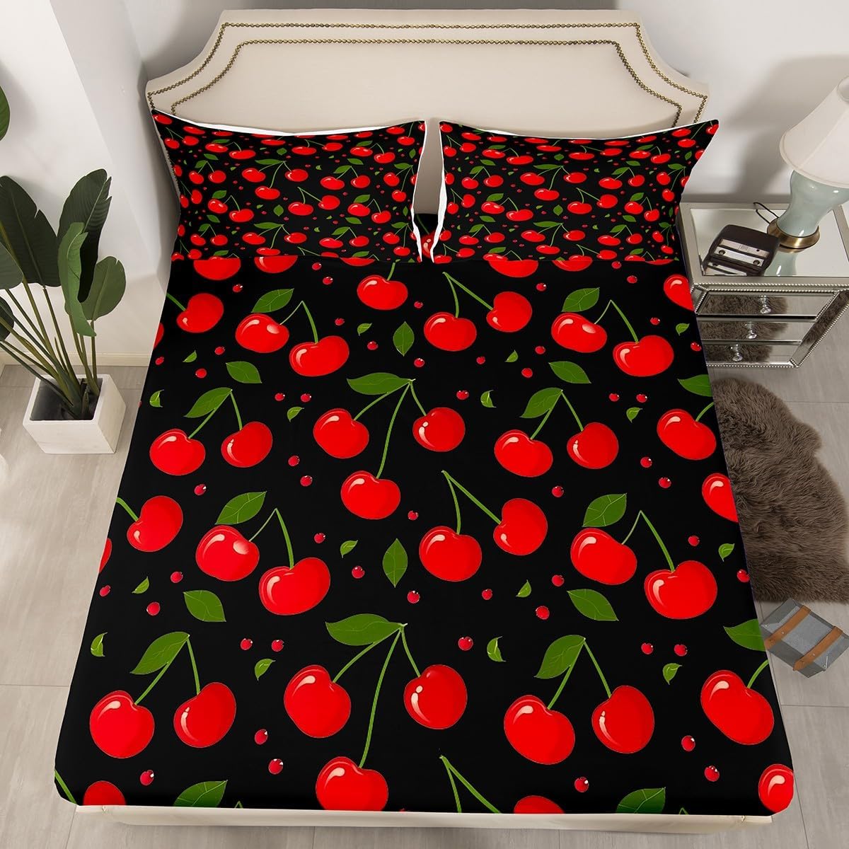 Feelyou Kids Red Cherry Sheets,Fruit Kawaii Bedding Set Queen Size,Girls Bedroom Room Decor,Cute Cherry Cartoon Bed Sheets,Cartoon Cherry Print Sheets Set,1 Fitted Sheet+2 Pillow Sham+1 Flat Sheet