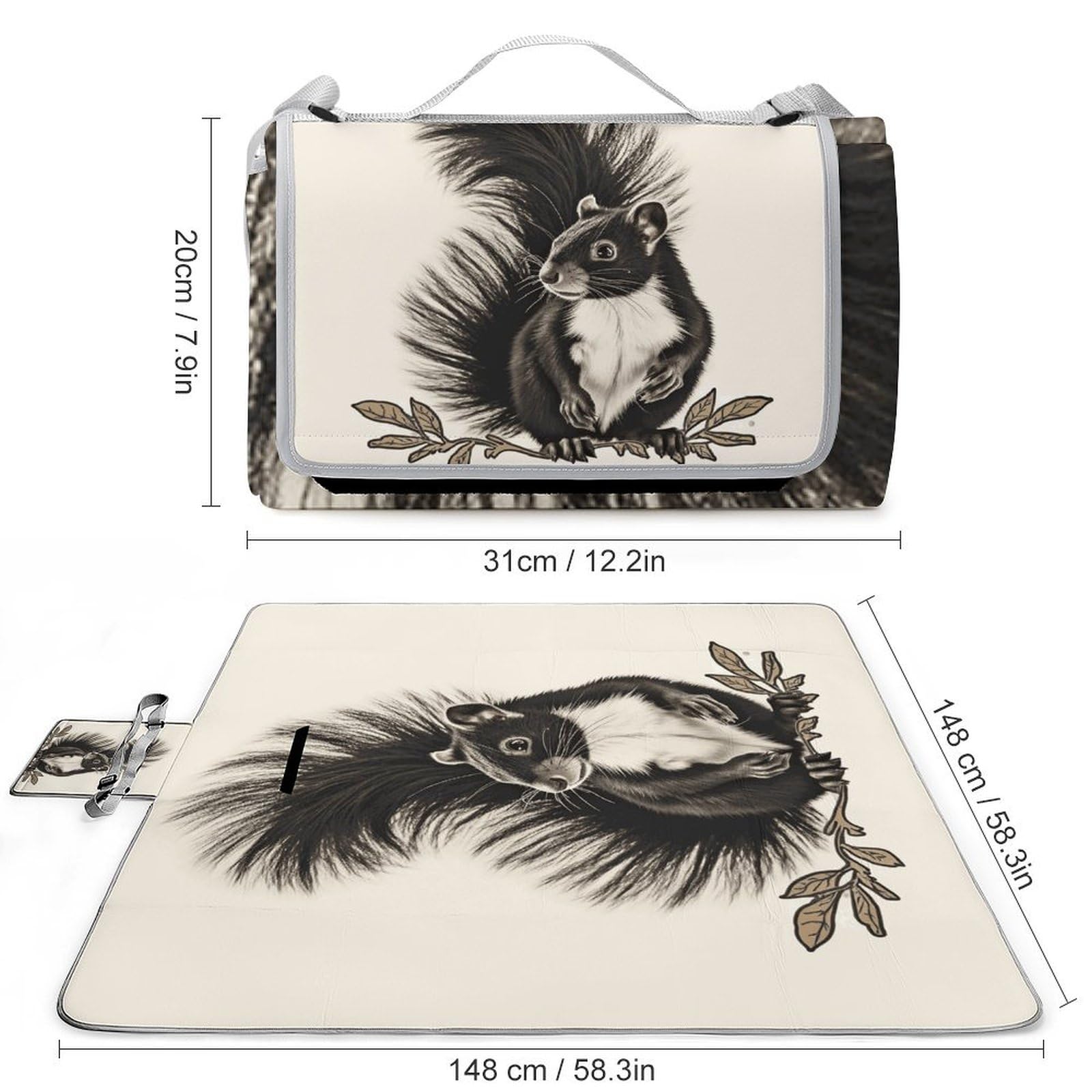 Skunk, tappetino da picnic pieghevole, impermeabile, con borsa per tote, grande tappetino da picnic all'aperto, 147,3 x 147,3 cm, coperta da campeggio per spiaggia, parco, viaggi
